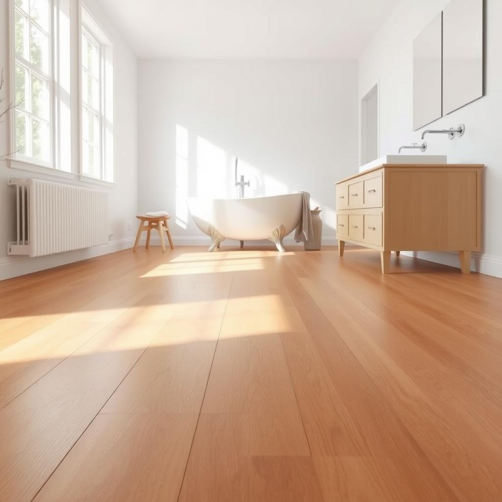 A bright, airy bathroom with a high-end, luxurious hardwood floor. The floor is a warm, rich oak, with a smooth, satin finish that catches the soft, natural light streaming in through the large windows. The planks are wide and evenly spaced, creating a sense of elegance and sophistication. The floor is the focal point of the room, complementing the clean, minimalist design of the bathroom fixtures and fittings. The overall atmosphere is one of tranquility and relaxation, inviting the viewer to imagine the soothing experience of stepping onto this beautiful, budget-friendly flooring. A bright, airy bathroom with a high-end, luxurious hardwood floor. The floor is a warm, rich oak, with a smooth, satin finish that catches the soft, natural light streaming in through the large windows. The planks are wide and evenly spaced, creating a sense of elegance and sophistication. The floor is the focal point of the room, complementing the clean, minimalist design of the bathroom fixtures and fittings. The overall atmosphere is one of tranquility and relaxation, inviting the viewer to imagine the soothing experience of stepping onto this beautiful, budget-friendly flooring.