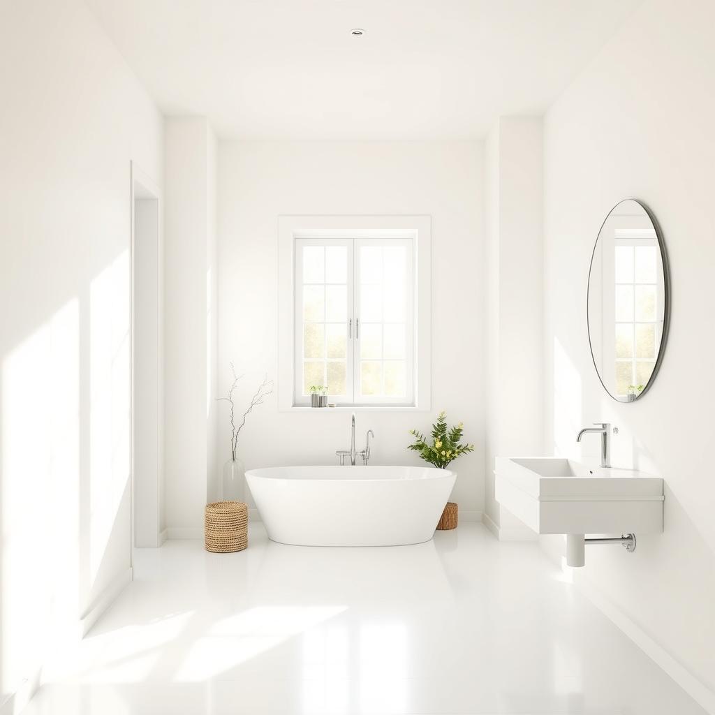A bright, airy bathroom with pristine white walls, bathed in soft, natural light streaming through large windows. The paint has a satin-smooth finish, reflecting the sunbeams and creating a sense of warmth and tranquility. The walls are a crisp, clean white, meticulously applied with clean, even brushstrokes, providing a blank canvas for the other design elements in the space. The lighting is diffused, with a subtle ambient glow, highlighting the subtle texture and depth of the painted surface. The overall atmosphere is one of simplicity, cleanliness, and serenity, perfectly complementing the "High-impact walls" section of the bathroom renovation article. A bright, airy bathroom with pristine white walls, bathed in soft, natural light streaming through large windows. The paint has a satin-smooth finish, reflecting the sunbeams and creating a sense of warmth and tranquility. The walls are a crisp, clean white, meticulously applied with clean, even brushstrokes, providing a blank canvas for the other design elements in the space. The lighting is diffused, with a subtle ambient glow, highlighting the subtle texture and depth of the painted surface. The overall atmosphere is one of simplicity, cleanliness, and serenity, perfectly complementing the "High-impact walls" section of the bathroom renovation article.