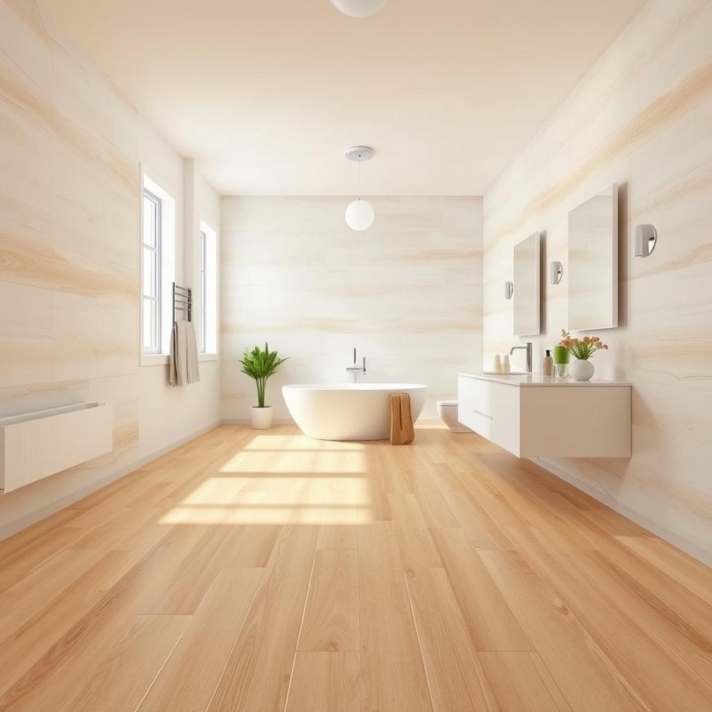 A bright, well-lit image of peel-and-stick vinyl flooring tiles in a modern, minimalist bathroom setting. The tiles are a warm, neutral color, textured to resemble natural stone or wood. The camera angle captures a full-room view, showcasing the ease of installation - the tiles seamlessly adhere to the floor, creating a cohesive, high-quality look. Soft, diffused lighting from overhead fixtures illuminates the space, lending an inviting, spa-like ambiance. The clean, simple decor highlights the flooring as the visual centerpiece, a fast and affordable way to refresh the bathroom. A bright, well-lit image of peel-and-stick vinyl flooring tiles in a modern, minimalist bathroom setting. The tiles are a warm, neutral color, textured to resemble natural stone or wood. The camera angle captures a full-room view, showcasing the ease of installation - the tiles seamlessly adhere to the floor, creating a cohesive, high-quality look. Soft, diffused lighting from overhead fixtures illuminates the space, lending an inviting, spa-like ambiance. The clean, simple decor highlights the flooring as the visual centerpiece, a fast and affordable way to refresh the bathroom.