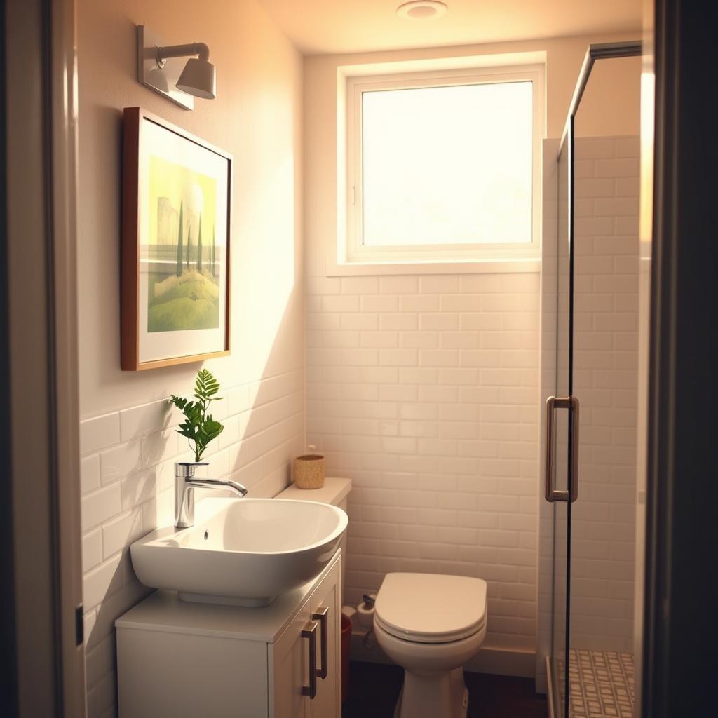 A cozy and well-designed small bathroom, flooded with warm, natural lighting filtering through a large window. Clean, white subway tiles line the walls, complemented by a modern vanity with a sleek vessel sink. Minimalist decor, such as a single potted plant and a framed abstract artwork, add a touch of sophistication. The room has a sense of spaciousness, achieved through the strategic placement of a wall-mounted toilet and a compact, tiled shower enclosure. Soft, muted colors and textures create a serene and spa-like atmosphere, perfect for a relaxing powder room experience. A cozy and well-designed small bathroom, flooded with warm, natural lighting filtering through a large window. Clean, white subway tiles line the walls, complemented by a modern vanity with a sleek vessel sink. Minimalist decor, such as a single potted plant and a framed abstract artwork, add a touch of sophistication. The room has a sense of spaciousness, achieved through the strategic placement of a wall-mounted toilet and a compact, tiled shower enclosure. Soft, muted colors and textures create a serene and spa-like atmosphere, perfect for a relaxing powder room experience.