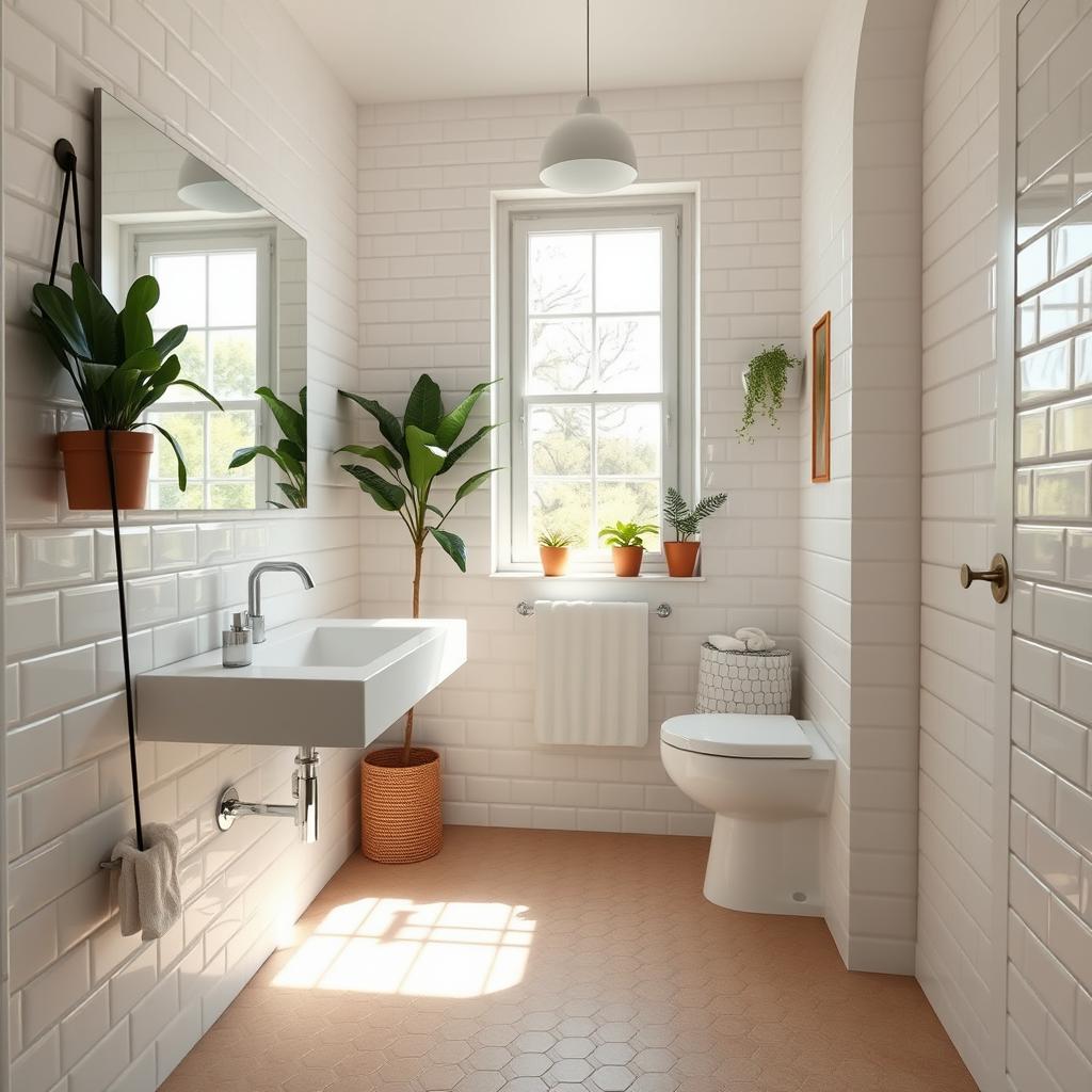 A cozy and well-designed small bathroom with natural light streaming in through a large window. The room features clean white subway tiles lining the walls, complemented by a minimalist vanity with a sleek white countertop. A large mirror above the vanity reflects the natural light, making the space feel open and airy. The floor is covered in neutral-toned hexagonal tiles, creating a visually interesting and textured surface. Potted plants on the windowsill and a simple, modern light fixture add warmth and a touch of nature to the space. The overall atmosphere is serene, calming, and designed to make the most of the limited square footage. A cozy and well-designed small bathroom with natural light streaming in through a large window. The room features clean white subway tiles lining the walls, complemented by a minimalist vanity with a sleek white countertop. A large mirror above the vanity reflects the natural light, making the space feel open and airy. The floor is covered in neutral-toned hexagonal tiles, creating a visually interesting and textured surface. Potted plants on the windowsill and a simple, modern light fixture add warmth and a touch of nature to the space. The overall atmosphere is serene, calming, and designed to make the most of the limited square footage.