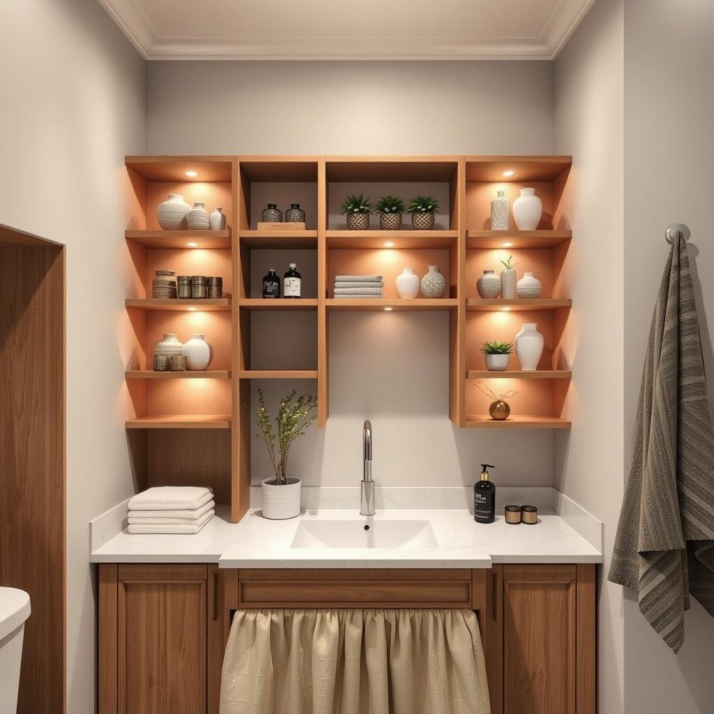 A cozy bathroom nook with an elegant open shelving unit made of natural wood, featuring various decorative vases, plants, and bathroom essentials. Soft lighting from above casts a warm glow, creating a serene and inviting atmosphere. The shelves are flanked by a recessed wall niche on one side, providing additional storage space. A sink skirt in a complementary fabric softens the vanity, adding a touch of sophistication. The scene is captured in a medium-wide angle, showcasing the thoughtful blend of form and function. A cozy bathroom nook with an elegant open shelving unit made of natural wood, featuring various decorative vases, plants, and bathroom essentials. Soft lighting from above casts a warm glow, creating a serene and inviting atmosphere. The shelves are flanked by a recessed wall niche on one side, providing additional storage space. A sink skirt in a complementary fabric softens the vanity, adding a touch of sophistication. The scene is captured in a medium-wide angle, showcasing the thoughtful blend of form and function.