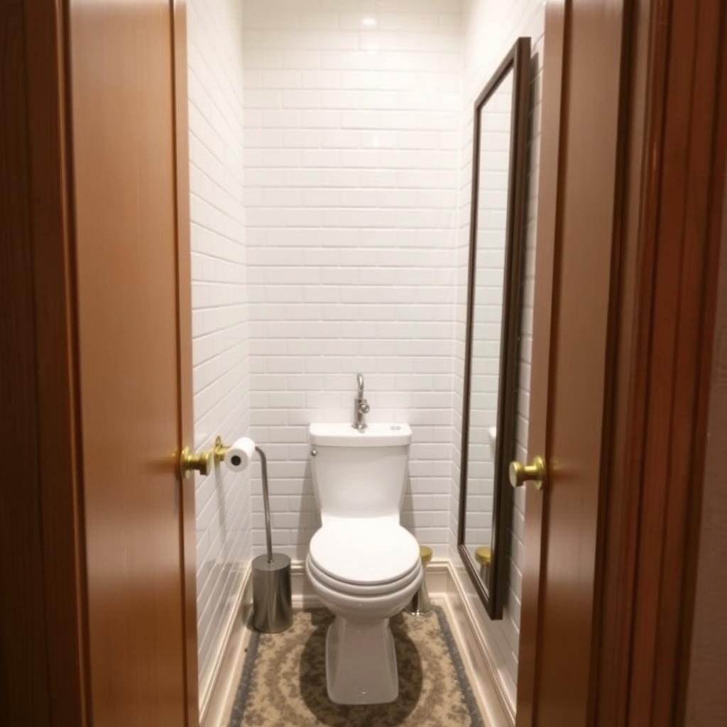 A cozy, well-lit half-bath tucked inside a converted closet space. Gleaming white subway tiles line the walls, accented by warm wood tones and brass fixtures. A compact pedestal sink and a sleek, modern toilet sit atop a plush, patterned rug. Soft, diffused lighting illuminates the room, creating a serene and welcoming atmosphere. Large, framed mirrors reflect the space, visually expanding the room. Elegant yet practical, this half-bath blends form and function, perfectly complementing the step-by-step conversion process. A cozy, well-lit half-bath tucked inside a converted closet space. Gleaming white subway tiles line the walls, accented by warm wood tones and brass fixtures. A compact pedestal sink and a sleek, modern toilet sit atop a plush, patterned rug. Soft, diffused lighting illuminates the room, creating a serene and welcoming atmosphere. Large, framed mirrors reflect the space, visually expanding the room. Elegant yet practical, this half-bath blends form and function, perfectly complementing the step-by-step conversion process.