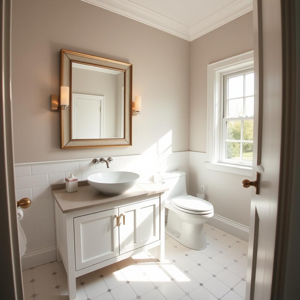 A cozy, well-lit half bath with an elegant vanity, a vessel sink, and a large, framed mirror. The room has clean white tiles on the floor and walls, with hints of natural light streaming through a tasteful window. The vanity features sleek chrome fixtures and a subtle stone countertop. The overall atmosphere is calm, inviting, and emphasizes functionality and style. Shot with a wide-angle lens to capture the space's efficient layout and thoughtful design. A cozy, well-lit half bath with an elegant vanity, a vessel sink, and a large, framed mirror. The room has clean white tiles on the floor and walls, with hints of natural light streaming through a tasteful window. The vanity features sleek chrome fixtures and a subtle stone countertop. The overall atmosphere is calm, inviting, and emphasizes functionality and style. Shot with a wide-angle lens to capture the space's efficient layout and thoughtful design.