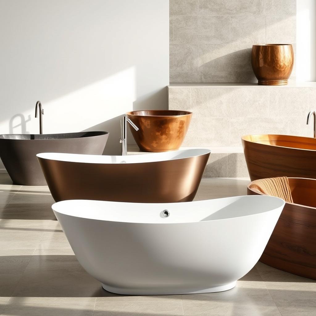 A freestanding bathtub showcasing various luxurious materials in a bright, spacious bathroom. In the foreground, a sleek acrylic tub reflects the soft, diffused lighting. To the left, a sturdy cast iron tub stands majestically. On the right, a warm, hammered copper tub gleams. In the background, a stone resin tub blends seamlessly with the natural stone tiles. A wooden tub, its grain and texture visible, completes the material selection. The scene is photographed from a slightly elevated angle, capturing the refined details and high-end finishes. The overall mood is one of sophistication, comfort, and timeless style. A freestanding bathtub showcasing various luxurious materials in a bright, spacious bathroom. In the foreground, a sleek acrylic tub reflects the soft, diffused lighting. To the left, a sturdy cast iron tub stands majestically. On the right, a warm, hammered copper tub gleams. In the background, a stone resin tub blends seamlessly with the natural stone tiles. A wooden tub, its grain and texture visible, completes the material selection. The scene is photographed from a slightly elevated angle, capturing the refined details and high-end finishes. The overall mood is one of sophistication, comfort, and timeless style.