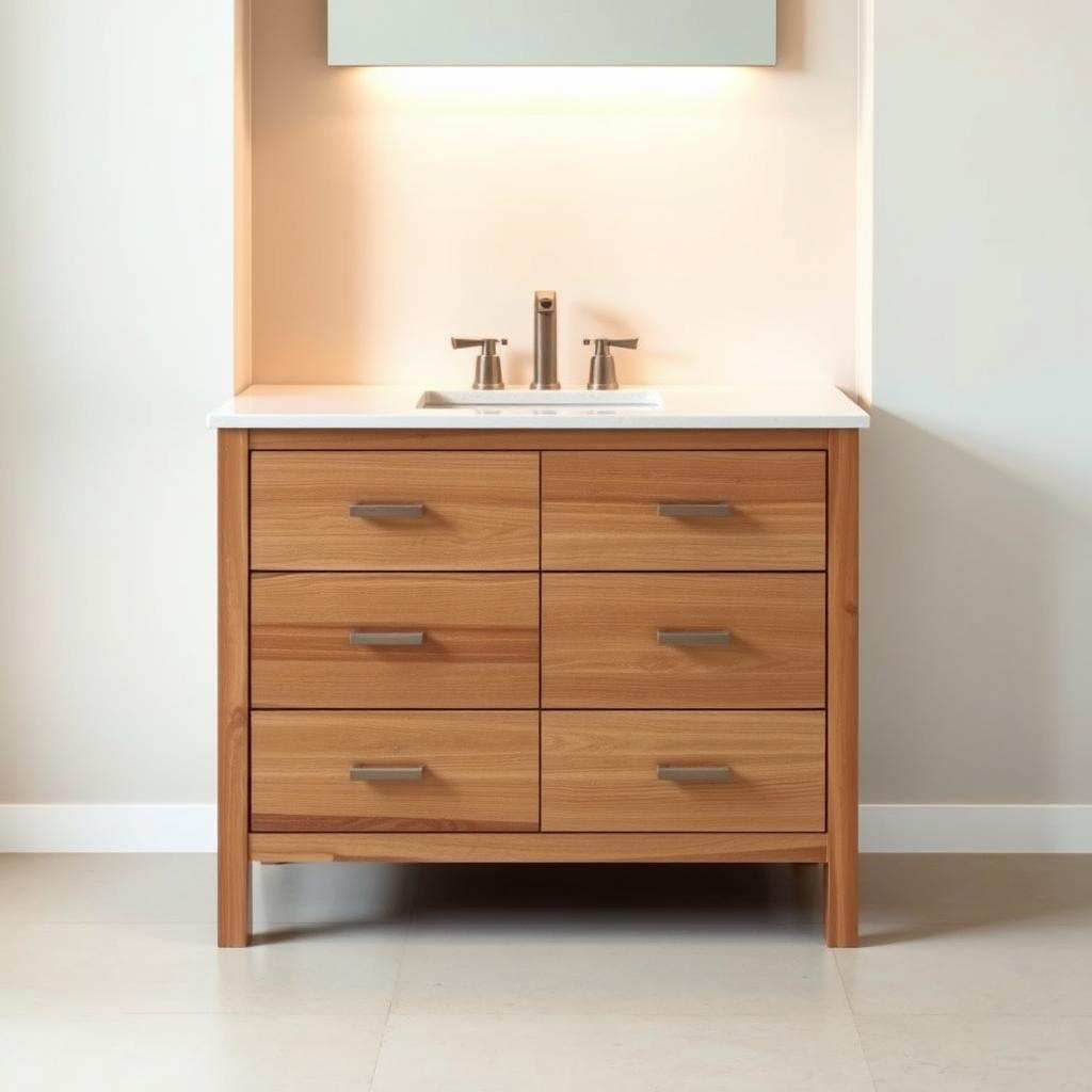 A high-quality, well-crafted bathroom vanity made of sleek, modern wood with clean lines and a minimalist design. The vanity is set against a neutral, serene backdrop of soft, muted tones, with gentle lighting from above casting a warm, inviting glow. The countertop is a beautiful, quartz-like material that gleams subtly, complementing the wooden drawers and cabinets. The vanity's hardware, such as the handles and faucet, are in a matte, brushed metal finish, adding a touch of elegance. The overall composition conveys a sense of understated sophistication and timeless style, perfectly suited for a budget-friendly bathroom renovation. A high-quality, well-crafted bathroom vanity made of sleek, modern wood with clean lines and a minimalist design. The vanity is set against a neutral, serene backdrop of soft, muted tones, with gentle lighting from above casting a warm, inviting glow. The countertop is a beautiful, quartz-like material that gleams subtly, complementing the wooden drawers and cabinets. The vanity's hardware, such as the handles and faucet, are in a matte, brushed metal finish, adding a touch of elegance. The overall composition conveys a sense of understated sophistication and timeless style, perfectly suited for a budget-friendly bathroom renovation.