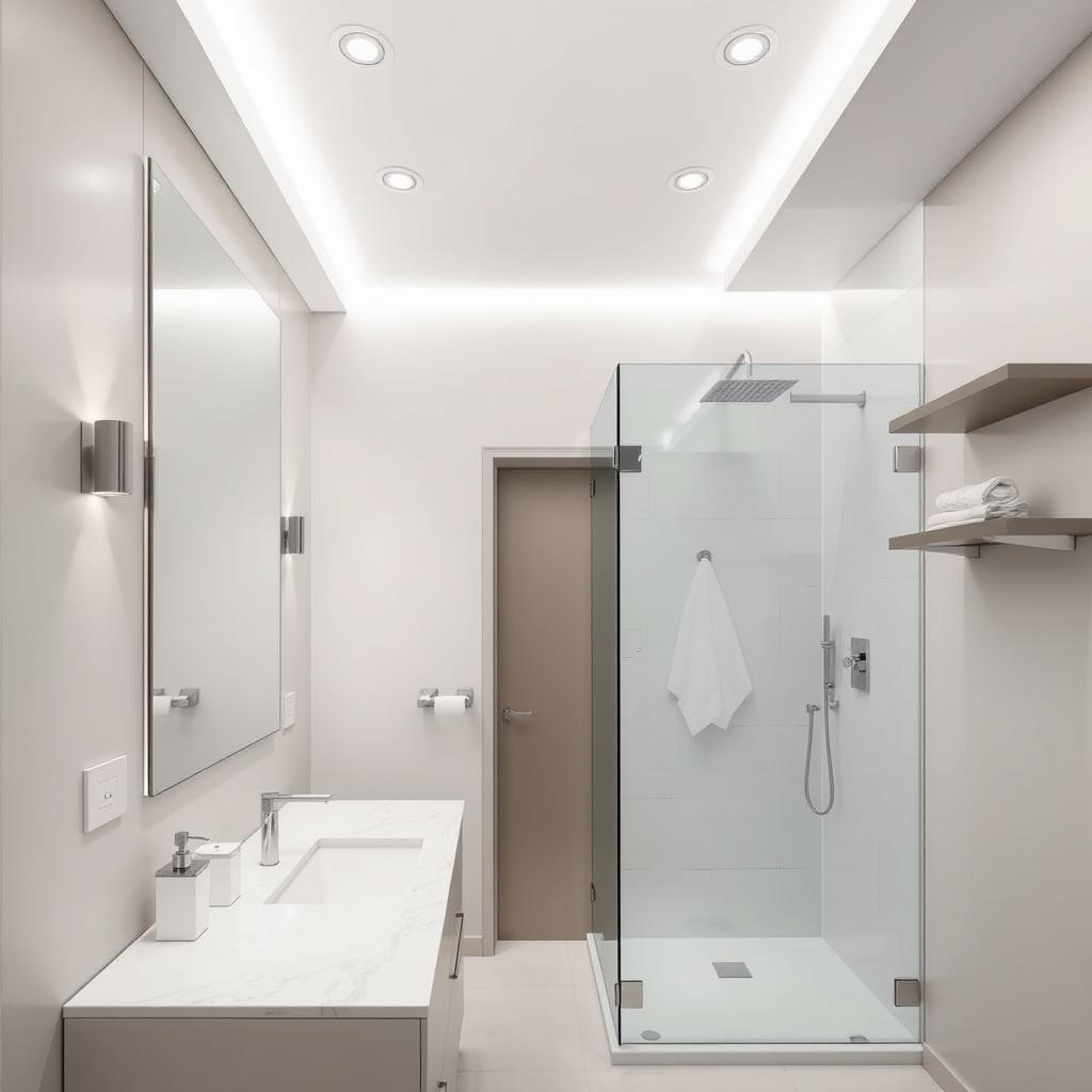 A modern bathroom with a sleek vanity, a frameless glass shower enclosure, and minimalist lighting fixtures. The vanity has a solid marble countertop and soft-close drawers, complemented by a large, backlit mirror. The shower features a rain showerhead and chrome fixtures, creating a spa-like atmosphere. Recessed ceiling lights and wall sconces provide subtle, uniform illumination, accentuating the clean, contemporary design. Accessories like a towel bar, soap dispenser, and a floating shelf add functional touches, all in a cohesive, muted color palette that exudes understated elegance. A modern bathroom with a sleek vanity, a frameless glass shower enclosure, and minimalist lighting fixtures. The vanity has a solid marble countertop and soft-close drawers, complemented by a large, backlit mirror. The shower features a rain showerhead and chrome fixtures, creating a spa-like atmosphere. Recessed ceiling lights and wall sconces provide subtle, uniform illumination, accentuating the clean, contemporary design. Accessories like a towel bar, soap dispenser, and a floating shelf add functional touches, all in a cohesive, muted color palette that exudes understated elegance.