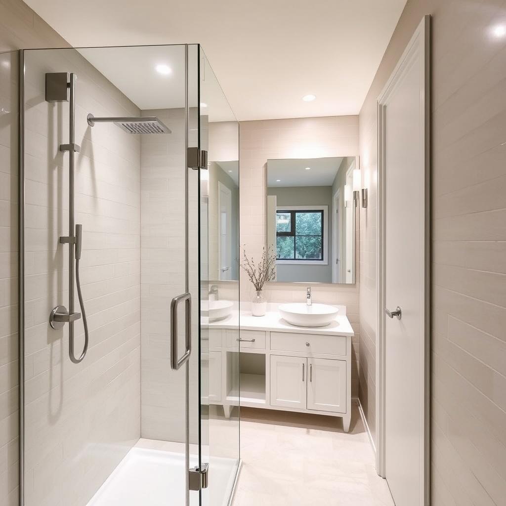 A modern, minimalist shower conversion in a small bathroom. A freestanding walk-in shower enclosure made of sleek, frameless glass panels fills the foreground, with a simple square-shaped showerhead and faucet fixtures in a brushed nickel finish. The middle ground showcases a compact, white vanity with a vessel sink, complemented by a large, backlit mirror. Soft, diffused lighting from recessed ceiling fixtures and a wall sconce creates a warm, spa-like ambiance. The background features neutral-toned subway tile walls, a small window, and a subtle, nature-inspired accent piece, such as a potted plant or decorative vase. The overall design is clean, functional, and enhances the sense of space in this compact bathroom setting. A modern, minimalist shower conversion in a small bathroom. A freestanding walk-in shower enclosure made of sleek, frameless glass panels fills the foreground, with a simple square-shaped showerhead and faucet fixtures in a brushed nickel finish. The middle ground showcases a compact, white vanity with a vessel sink, complemented by a large, backlit mirror. Soft, diffused lighting from recessed ceiling fixtures and a wall sconce creates a warm, spa-like ambiance. The background features neutral-toned subway tile walls, a small window, and a subtle, nature-inspired accent piece, such as a potted plant or decorative vase. The overall design is clean, functional, and enhances the sense of space in this compact bathroom setting.