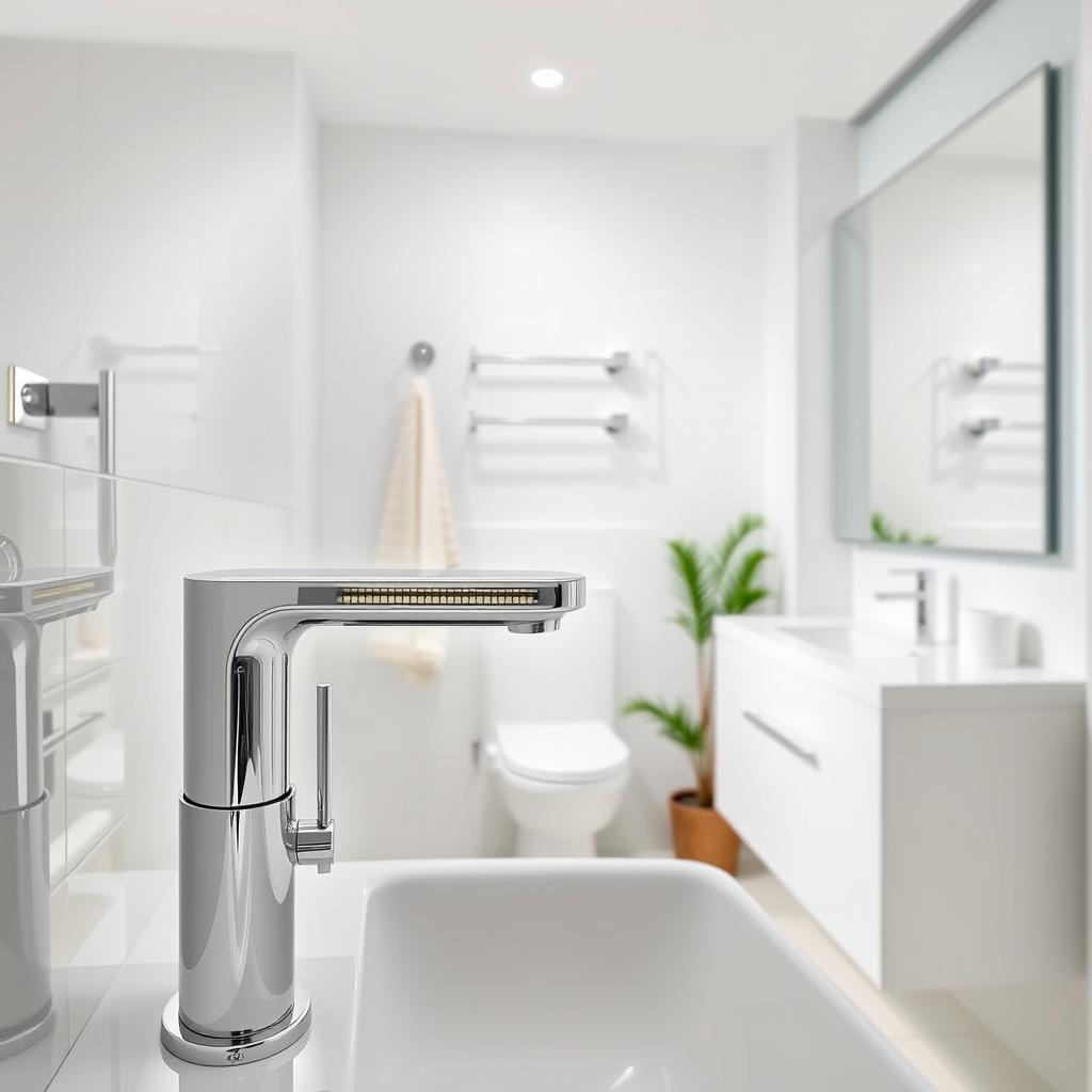 A sleek and modern bathroom interior with a focus on stylish fixtures and hardware. The foreground features a contemporary faucet with a minimalist design, its shiny chrome finish reflecting the soft, diffused lighting from above. In the middle ground, a chic towel bar and matching toilet paper holder are mounted on the pristine white tile walls, complementing the elegant vanity and sink. The background showcases a large, frameless mirror that enhances the sense of spaciousness, while subtle hints of greenery and a subtle geometric pattern on the floor tiles add depth and visual interest. The overall mood is one of clean, sophisticated simplicity, highlighting how small, thoughtful changes to fixtures can transform the look and feel of a bathroom. A sleek and modern bathroom interior with a focus on stylish fixtures and hardware. The foreground features a contemporary faucet with a minimalist design, its shiny chrome finish reflecting the soft, diffused lighting from above. In the middle ground, a chic towel bar and matching toilet paper holder are mounted on the pristine white tile walls, complementing the elegant vanity and sink. The background showcases a large, frameless mirror that enhances the sense of spaciousness, while subtle hints of greenery and a subtle geometric pattern on the floor tiles add depth and visual interest. The overall mood is one of clean, sophisticated simplicity, highlighting how small, thoughtful changes to fixtures can transform the look and feel of a bathroom.