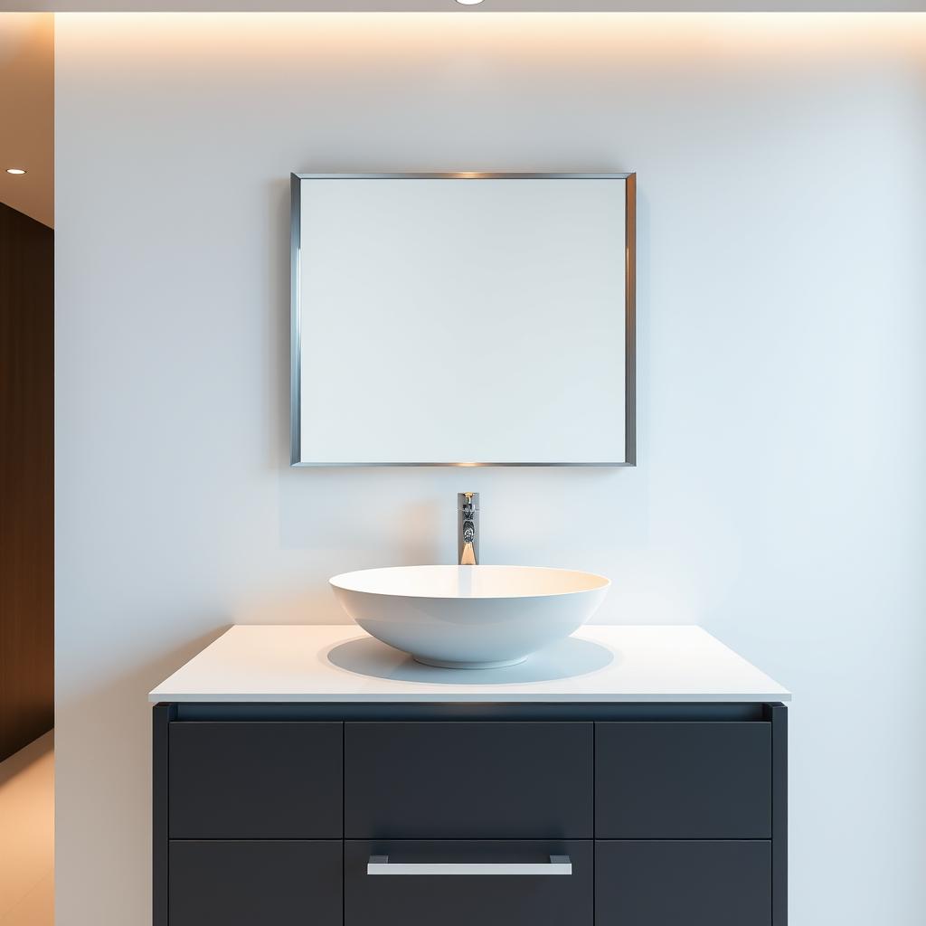 A sleek and modern bathroom vanity stands prominently, its clean lines and minimalist design reflecting the allure of simplicity. Atop the smooth, glossy countertop, a polished chrome faucet gleams, complementing the understated elegance of the vessel sink. Soft, diffused lighting from recessed fixtures casts a warm, inviting glow, drawing the eye to the centerpiece of the space. The vanity's mirror, framed in a subtle, brushed metal trim, adds a touch of sophistication, offering a reflection that highlights the beauty of the refined, yet practical, design. A sleek and modern bathroom vanity stands prominently, its clean lines and minimalist design reflecting the allure of simplicity. Atop the smooth, glossy countertop, a polished chrome faucet gleams, complementing the understated elegance of the vessel sink. Soft, diffused lighting from recessed fixtures casts a warm, inviting glow, drawing the eye to the centerpiece of the space. The vanity's mirror, framed in a subtle, brushed metal trim, adds a touch of sophistication, offering a reflection that highlights the beauty of the refined, yet practical, design.