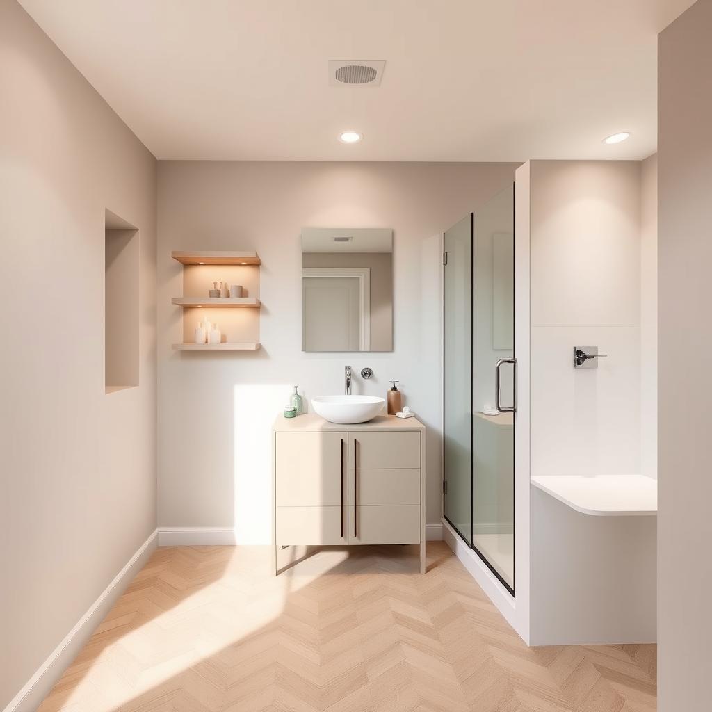 A warm, inviting bathroom layout with a focus on functionality and cost-effective design. A modern vanity with clean lines and a vessel sink takes center stage, flanked by recessed wall-mounted shelves for storage. The tiled floor features a herringbone pattern in neutral tones, complementing the light gray walls. Indirect lighting from recessed fixtures casts a soft glow, creating a spa-like atmosphere. The shower enclosure utilizes a simple frameless glass door, maximizing the sense of space. Overall, the layout emphasizes efficient use of space and budget-friendly material choices without compromising the aesthetic appeal. A warm, inviting bathroom layout with a focus on functionality and cost-effective design. A modern vanity with clean lines and a vessel sink takes center stage, flanked by recessed wall-mounted shelves for storage. The tiled floor features a herringbone pattern in neutral tones, complementing the light gray walls. Indirect lighting from recessed fixtures casts a soft glow, creating a spa-like atmosphere. The shower enclosure utilizes a simple frameless glass door, maximizing the sense of space. Overall, the layout emphasizes efficient use of space and budget-friendly material choices without compromising the aesthetic appeal.
