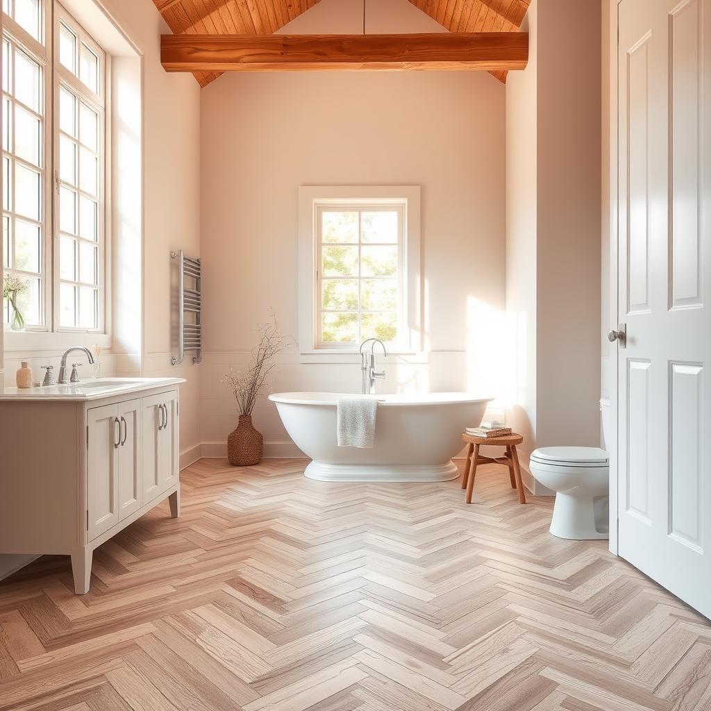 A well-lit bathroom interior, featuring a stylish and durable flooring option. The floor is made of light-colored wood-look tiles, with a subtle grain pattern that adds visual interest. The tiles are arranged in a classic herringbone pattern, creating a timeless and sophisticated look. The lighting is warm and natural, streaming in through large windows and complementing the earthy tones of the flooring. The overall atmosphere is cozy and inviting, perfect for a relaxing bathroom renovation on a budget. A well-lit bathroom interior, featuring a stylish and durable flooring option. The floor is made of light-colored wood-look tiles, with a subtle grain pattern that adds visual interest. The tiles are arranged in a classic herringbone pattern, creating a timeless and sophisticated look. The lighting is warm and natural, streaming in through large windows and complementing the earthy tones of the flooring. The overall atmosphere is cozy and inviting, perfect for a relaxing bathroom renovation on a budget.