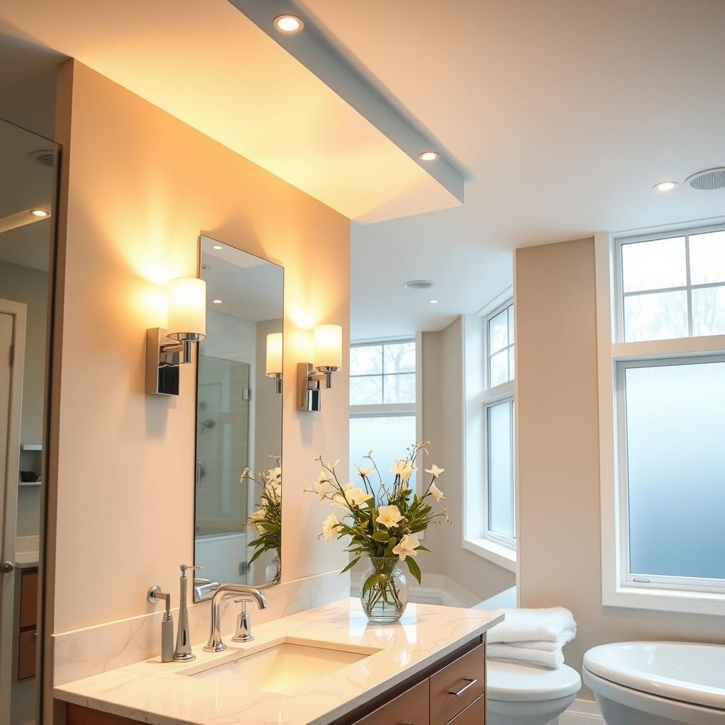 A well-lit bathroom with soft, flattering illumination. A modern vanity with sleek chrome fixtures, its surface reflecting the warm glow of sconces mounted on the wall above. The countertop is adorned with a vase of fresh flowers, adding a touch of nature. Abundant indirect lighting from recessed ceiling fixtures casts a gentle, even luminance throughout the space. Large windows allow natural daylight to stream in, complementing the artificial lighting. The overall atmosphere is one of tranquility and elegance, creating the perfect setting for a relaxing self-care routine. A well-lit bathroom with soft, flattering illumination. A modern vanity with sleek chrome fixtures, its surface reflecting the warm glow of sconces mounted on the wall above. The countertop is adorned with a vase of fresh flowers, adding a touch of nature. Abundant indirect lighting from recessed ceiling fixtures casts a gentle, even luminance throughout the space. Large windows allow natural daylight to stream in, complementing the artificial lighting. The overall atmosphere is one of tranquility and elegance, creating the perfect setting for a relaxing self-care routine.