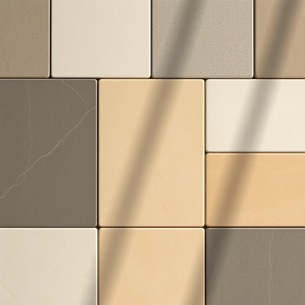 A well-lit, close-up view of a variety of high-quality, matte-finish ceramic tiles arranged in a visually appealing, geometric pattern. The tiles should feature a subtle, earthy color palette, with hues ranging from warm beige to deep charcoal gray. The tiles should have a smooth, matte texture and a slightly irregular, artisanal appearance, suggesting a premium, handcrafted quality. The lighting should create soft, natural shadows that accentuate the depth and texture of the tiles, while maintaining a bright, airy atmosphere. The composition should be balanced and symmetrical, with the tiles filling the frame to create a sense of simplicity and focus. A well-lit, close-up view of a variety of high-quality, matte-finish ceramic tiles arranged in a visually appealing, geometric pattern. The tiles should feature a subtle, earthy color palette, with hues ranging from warm beige to deep charcoal gray. The tiles should have a smooth, matte texture and a slightly irregular, artisanal appearance, suggesting a premium, handcrafted quality. The lighting should create soft, natural shadows that accentuate the depth and texture of the tiles, while maintaining a bright, airy atmosphere. The composition should be balanced and symmetrical, with the tiles filling the frame to create a sense of simplicity and focus.