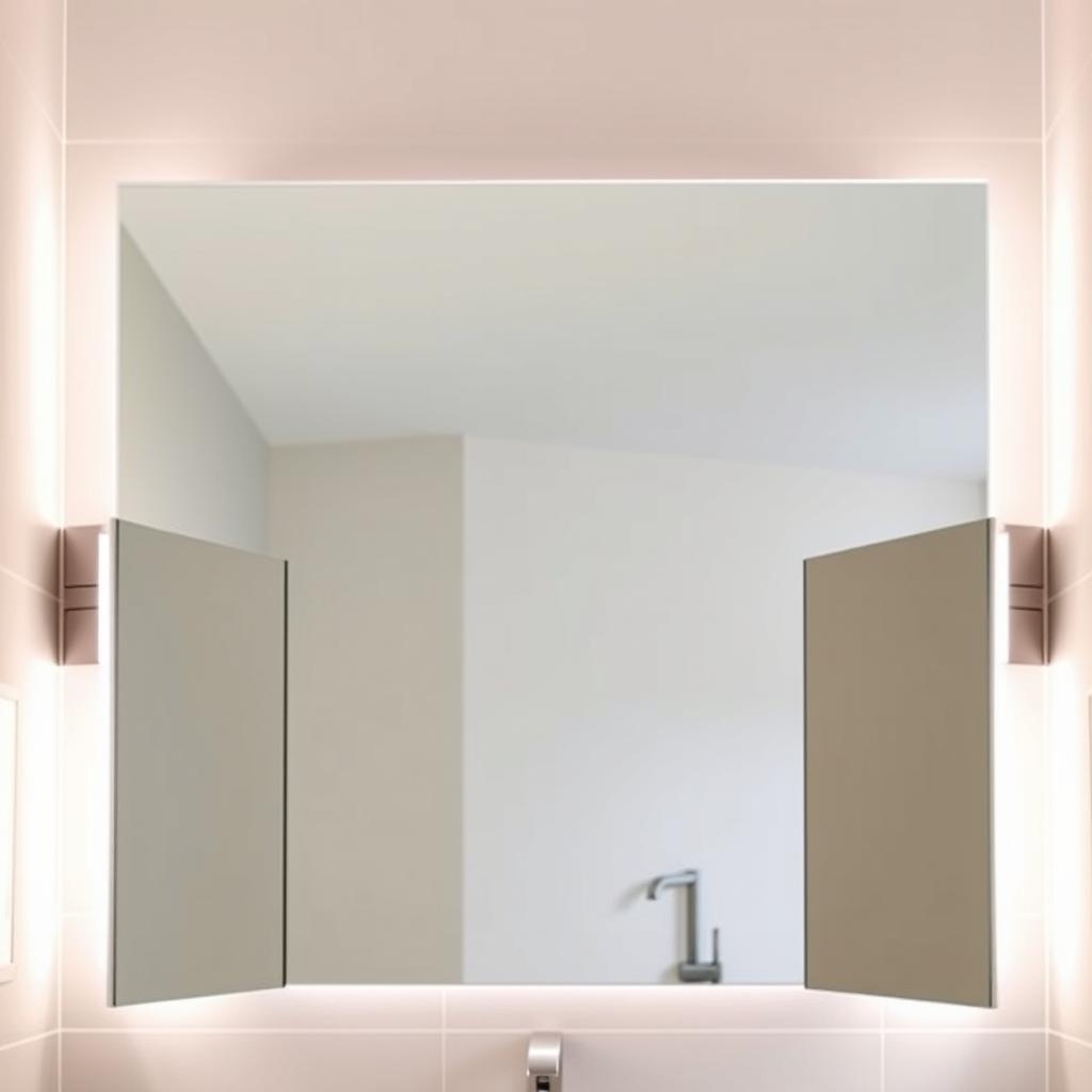 A well-lit, contemporary bathroom featuring a sleek, frameless LED mirror. The mirror's edges glow softly, illuminating the space with a warm, ambient light. The mirror's surface is crystal-clear, reflecting the tiled walls and vanity with precision. In the foreground, the mirror is flanked by a pair of lighted medicine cabinets, their edges also aglow, providing additional task lighting and storage. The overall scene conveys a sense of modern sophistication and efficient use of space, perfect for a small half-bath. A well-lit, contemporary bathroom featuring a sleek, frameless LED mirror. The mirror's edges glow softly, illuminating the space with a warm, ambient light. The mirror's surface is crystal-clear, reflecting the tiled walls and vanity with precision. In the foreground, the mirror is flanked by a pair of lighted medicine cabinets, their edges also aglow, providing additional task lighting and storage. The overall scene conveys a sense of modern sophistication and efficient use of space, perfect for a small half-bath.