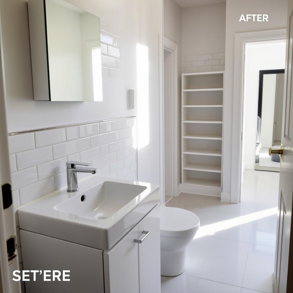A well-lit half-bathroom sequence showcasing a step-by-step remodeling process. In the foreground, a sleek modern vanity with a white ceramic sink and polished chrome fixtures. The middle ground features a tile-covered wall, with a recessed medicine cabinet above. In the background, a crisply tiled floor leads to a full-length mirror and a neatly arranged set of shelves. Bright, natural lighting floods the space, creating a clean, inviting atmosphere. Captured from a slightly elevated angle, the scene conveys a sense of order, efficiency, and the satisfaction of a thoughtfully executed home improvement project. A well-lit half-bathroom sequence showcasing a step-by-step remodeling process. In the foreground, a sleek modern vanity with a white ceramic sink and polished chrome fixtures. The middle ground features a tile-covered wall, with a recessed medicine cabinet above. In the background, a crisply tiled floor leads to a full-length mirror and a neatly arranged set of shelves. Bright, natural lighting floods the space, creating a clean, inviting atmosphere. Captured from a slightly elevated angle, the scene conveys a sense of order, efficiency, and the satisfaction of a thoughtfully executed home improvement project.
