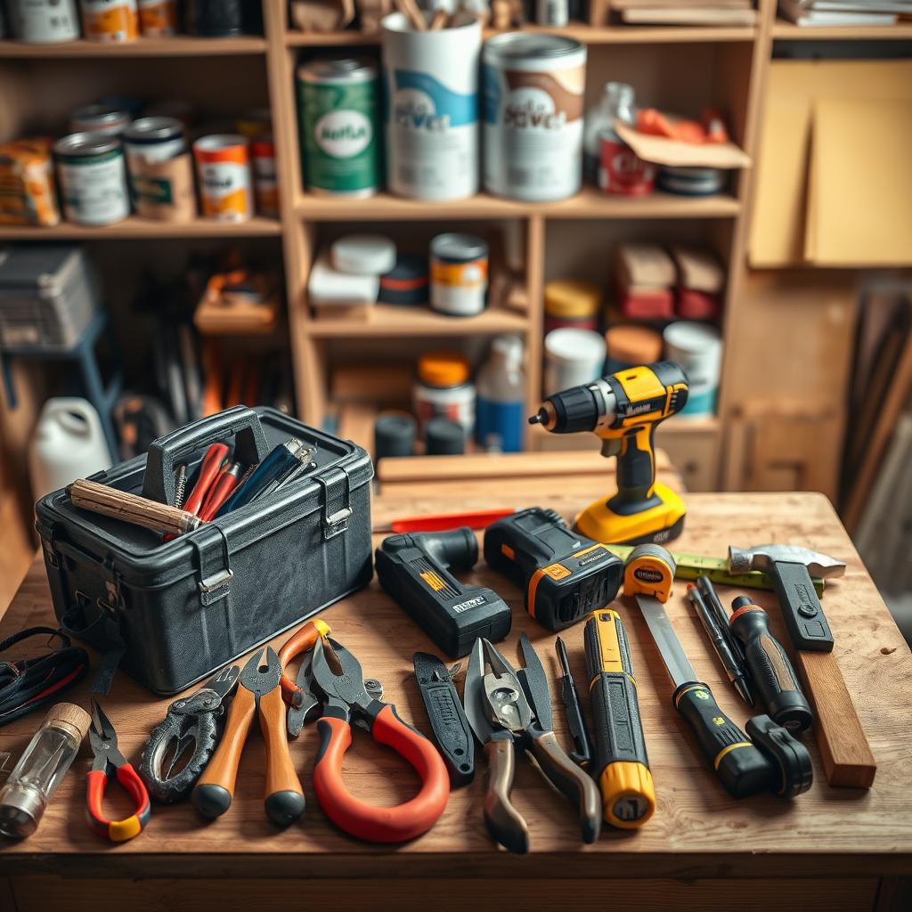 A well-lit, high-angle shot of an assortment of DIY tools arranged neatly on a wooden workbench. In the foreground, a toolbox, screwdrivers, pliers, and a hammer. In the middle ground, a cordless drill, a tape measure, and a level. In the background, shelves stocked with paint cans, sandpaper, and other renovation essentials. The overall mood is organized, purposeful, and inviting, conveying a sense of preparedness for a home improvement project. A well-lit, high-angle shot of an assortment of DIY tools arranged neatly on a wooden workbench. In the foreground, a toolbox, screwdrivers, pliers, and a hammer. In the middle ground, a cordless drill, a tape measure, and a level. In the background, shelves stocked with paint cans, sandpaper, and other renovation essentials. The overall mood is organized, purposeful, and inviting, conveying a sense of preparedness for a home improvement project.