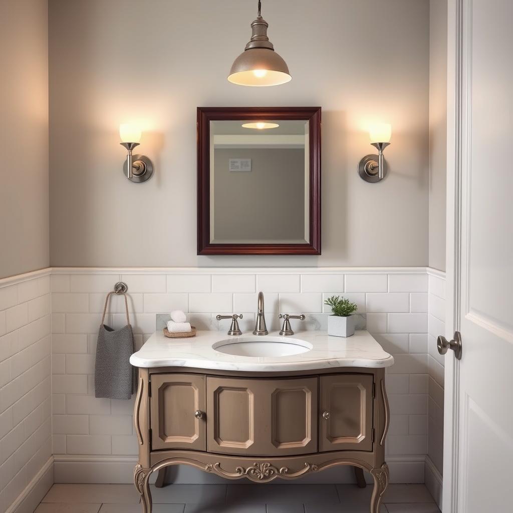 A well-lit, high-contrast bathroom scene with a vintage-inspired vanity as the focal point. The vanity has a marble or solid surface countertop, sleek chrome or brass hardware, and a classic, rectangular mirror framed in a dark wood or metal. Soft, warm lighting from sconces or a pendant fixture casts a cozy glow, highlighting the vanity's ornate details. The background features pale tile walls and floors, with a minimalist, clutter-free aesthetic to emphasize the vanity's visual prominence. The overall mood is one of modern elegance and refinement, perfectly suited for a small, half-bath space. A well-lit, high-contrast bathroom scene with a vintage-inspired vanity as the focal point. The vanity has a marble or solid surface countertop, sleek chrome or brass hardware, and a classic, rectangular mirror framed in a dark wood or metal. Soft, warm lighting from sconces or a pendant fixture casts a cozy glow, highlighting the vanity's ornate details. The background features pale tile walls and floors, with a minimalist, clutter-free aesthetic to emphasize the vanity's visual prominence. The overall mood is one of modern elegance and refinement, perfectly suited for a small, half-bath space.