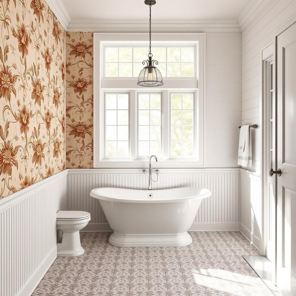 A well-lit, spacious bathroom featuring an array of impactful wall treatments. In the foreground, a stunning wallpaper pattern with a vintage-inspired floral motif adorns the walls, creating a warm and inviting atmosphere. In the middle ground, intricate beadboard paneling runs along the lower half of the walls, adding depth and character. Towards the back, shiplap siding in a crisp, white finish spans the upper portion of the walls, lending a modern farmhouse aesthetic. Soft, natural lighting filters in from large windows, casting a gentle glow throughout the space. The overall composition showcases a harmonious blend of timeless and contemporary design elements, perfectly suited for the "Transform Your Bathroom" article. A well-lit, spacious bathroom featuring an array of impactful wall treatments. In the foreground, a stunning wallpaper pattern with a vintage-inspired floral motif adorns the walls, creating a warm and inviting atmosphere. In the middle ground, intricate beadboard paneling runs along the lower half of the walls, adding depth and character. Towards the back, shiplap siding in a crisp, white finish spans the upper portion of the walls, lending a modern farmhouse aesthetic. Soft, natural lighting filters in from large windows, casting a gentle glow throughout the space. The overall composition showcases a harmonious blend of timeless and contemporary design elements, perfectly suited for the "Transform Your Bathroom" article.
