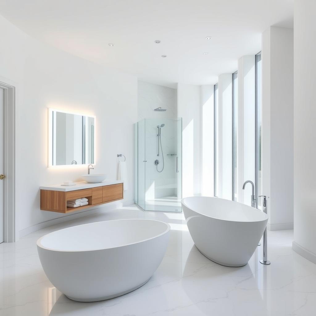A bright, airy bathroom with a modern, minimalist design. In the foreground, a sleek, freestanding bathtub sits atop a chic, marble-tiled floor. Nearby, a floating vanity with a vessel sink and a large, backlit mirror create a focal point. The middle ground features a walk-in shower with a glass enclosure and a rain showerhead. The background showcases tall, narrow windows that let in plenty of natural light, casting a warm, inviting glow throughout the space. The overall atmosphere is one of simplicity, tranquility, and effortless elegance. A bright, airy bathroom with a modern, minimalist design. In the foreground, a sleek, freestanding bathtub sits atop a chic, marble-tiled floor. Nearby, a floating vanity with a vessel sink and a large, backlit mirror create a focal point. The middle ground features a walk-in shower with a glass enclosure and a rain showerhead. The background showcases tall, narrow windows that let in plenty of natural light, casting a warm, inviting glow throughout the space. The overall atmosphere is one of simplicity, tranquility, and effortless elegance.