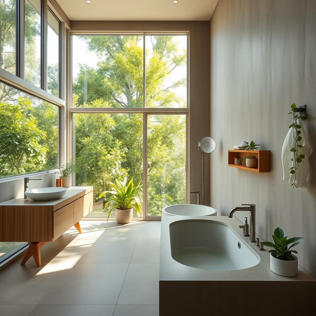 A bright, airy bathroom with large windows overlooking lush greenery. Sunlight streams in, illuminating the natural materials used throughout - bamboo vanity, stone countertops, and a deep soaking tub made from recycled materials. Sleek, water-efficient fixtures in a muted, earthy palette. Potted plants and a living wall add pops of verdant color, creating a serene, eco-conscious atmosphere. Minimal decor allows the sustainable design elements to take center stage. The space embodies a harmonious blend of modern aesthetics and environmentally-responsible choices. A bright, airy bathroom with large windows overlooking lush greenery. Sunlight streams in, illuminating the natural materials used throughout - bamboo vanity, stone countertops, and a deep soaking tub made from recycled materials. Sleek, water-efficient fixtures in a muted, earthy palette. Potted plants and a living wall add pops of verdant color, creating a serene, eco-conscious atmosphere. Minimal decor allows the sustainable design elements to take center stage. The space embodies a harmonious blend of modern aesthetics and environmentally-responsible choices.