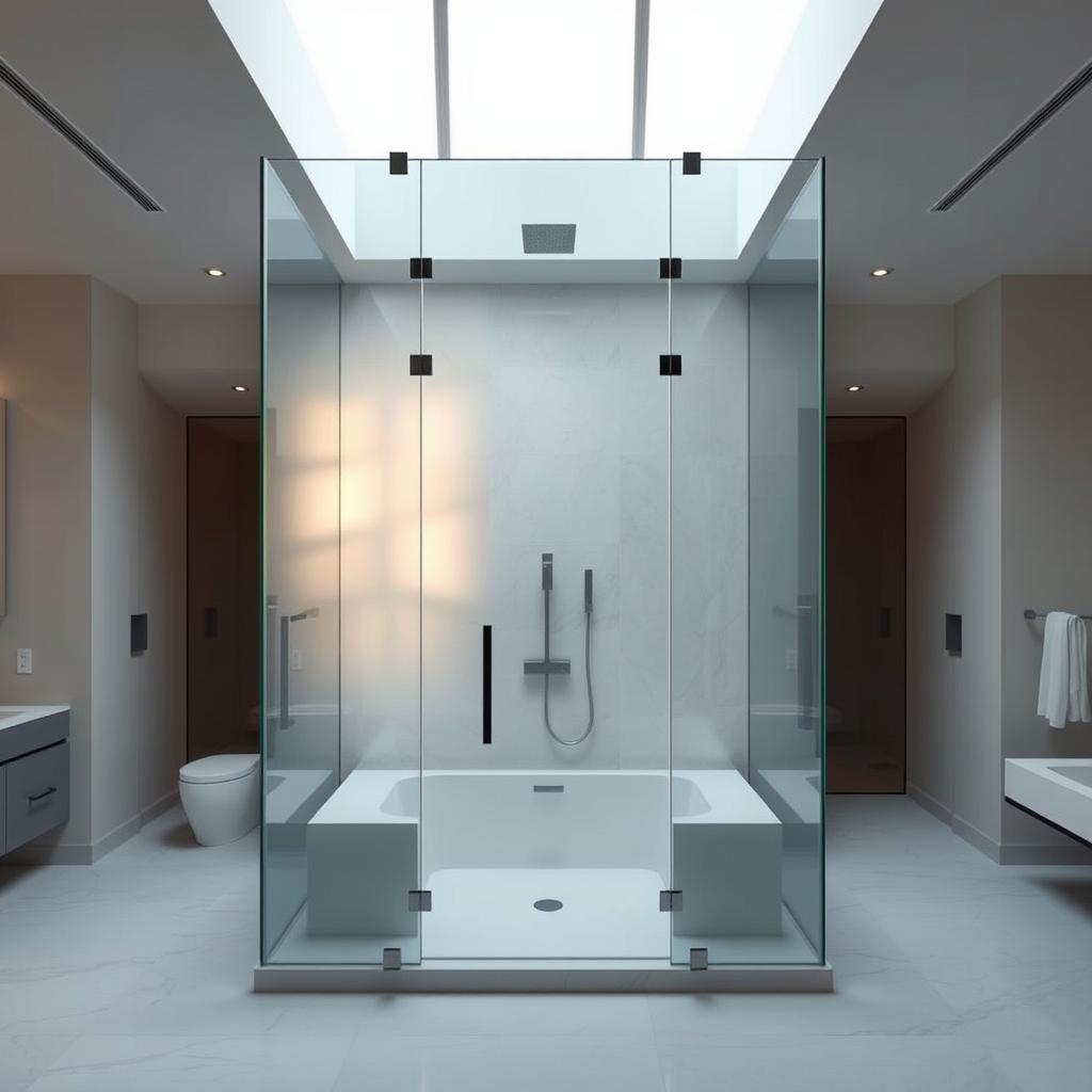 A contemporary, open-concept master bathroom with a statement glass shower. The shower enclosure features clean, minimalist lines and a seamless glass design, creating a striking focal point. Soft, diffused natural light filters through the glass, casting a warm, ethereal glow. The shower is situated in the center of the space, surrounded by sleek, modern fixtures and finishes. The overall atmosphere is one of tranquility and sophistication, reflecting the latest design trends in high-end bathrooms. A contemporary, open-concept master bathroom with a statement glass shower. The shower enclosure features clean, minimalist lines and a seamless glass design, creating a striking focal point. Soft, diffused natural light filters through the glass, casting a warm, ethereal glow. The shower is situated in the center of the space, surrounded by sleek, modern fixtures and finishes. The overall atmosphere is one of tranquility and sophistication, reflecting the latest design trends in high-end bathrooms.