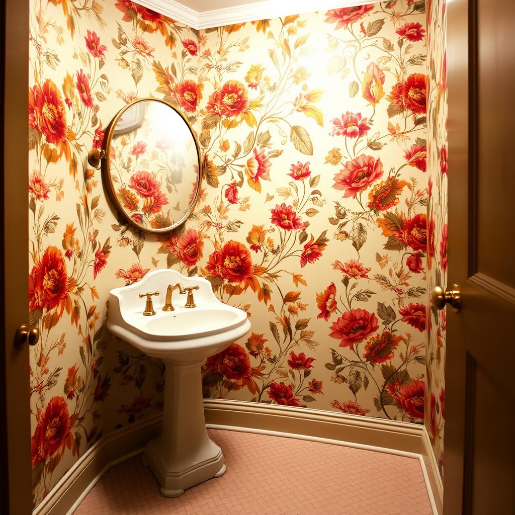 A cozy powder room with a stunning floral wallpaper accent wall. The wallpaper features a lush, vibrant pattern of blooming flowers, leaves, and vines in a variety of warm hues - crimson, ochre, and sage. The lighting is soft and diffused, creating a warm, inviting atmosphere. The room has a classic, sophisticated feel, with a vintage-inspired pedestal sink, brass fixtures, and a small, decorative mirror. The floor is covered in a neutral, patterned tile, complementing the wallpaper seamlessly. Overall, the space exudes a sense of refined elegance and personality. A cozy powder room with a stunning floral wallpaper accent wall. The wallpaper features a lush, vibrant pattern of blooming flowers, leaves, and vines in a variety of warm hues - crimson, ochre, and sage. The lighting is soft and diffused, creating a warm, inviting atmosphere. The room has a classic, sophisticated feel, with a vintage-inspired pedestal sink, brass fixtures, and a small, decorative mirror. The floor is covered in a neutral, patterned tile, complementing the wallpaper seamlessly. Overall, the space exudes a sense of refined elegance and personality.