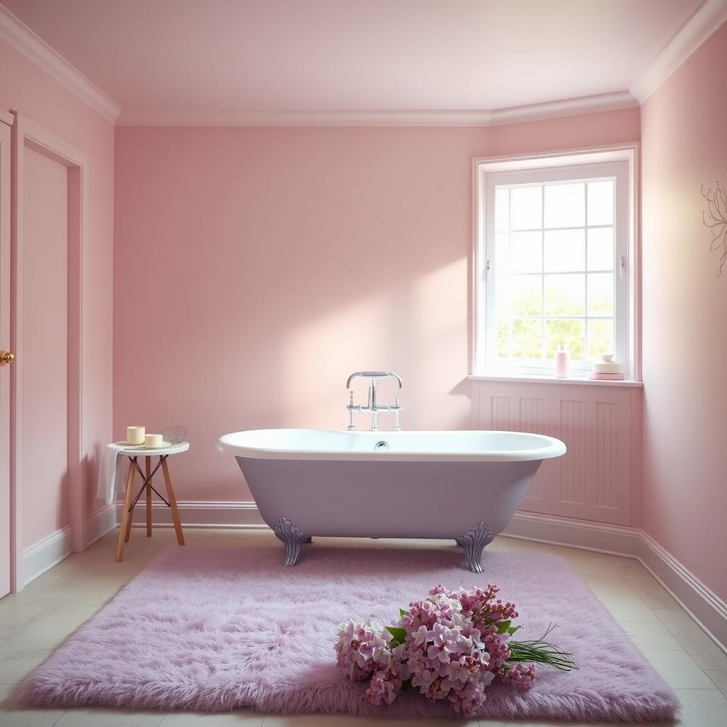 A cozy, well-lit bathroom filled with soft, diffused tones of pink and lavender. The walls are painted in a subtle, muted palette, creating a serene and calming atmosphere. Hints of natural light stream in through a large window, casting a warm glow and accentuating the pastel hues. In the foreground, a clawfoot tub sits atop a plush, lavender-tinted rug, inviting relaxation. Delicate floral accents, such as a bouquet of fresh lilacs, add a touch of softness and femininity to the space. The overall mood is one of tranquility and understated elegance, perfectly suited for a modern, spa-like bathroom. A cozy, well-lit bathroom filled with soft, diffused tones of pink and lavender. The walls are painted in a subtle, muted palette, creating a serene and calming atmosphere. Hints of natural light stream in through a large window, casting a warm glow and accentuating the pastel hues. In the foreground, a clawfoot tub sits atop a plush, lavender-tinted rug, inviting relaxation. Delicate floral accents, such as a bouquet of fresh lilacs, add a touch of softness and femininity to the space. The overall mood is one of tranquility and understated elegance, perfectly suited for a modern, spa-like bathroom.
