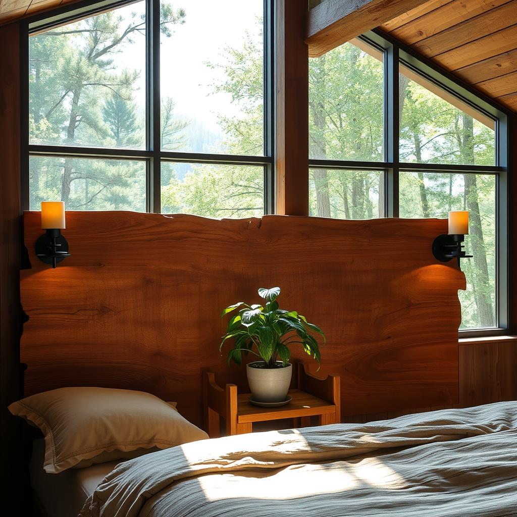 A cozy, well-lit bedroom with a rustic, nature-inspired decor. In the foreground, a large, weathered wooden headboard dominates the scene, its intricate grain and texture inviting touch. Soft, warm lighting from sconces flanking the headboard casts a gentle glow, creating a sense of calm and relaxation. In the middle ground, a wooden nightstand supports a potted plant, its verdant leaves contrasting beautifully with the rich, earthy tones of the wood. The background features a panoramic window overlooking a lush, forested landscape, the dappled sunlight streaming in and accentuating the natural, soothing atmosphere of the room. A cozy, well-lit bedroom with a rustic, nature-inspired decor. In the foreground, a large, weathered wooden headboard dominates the scene, its intricate grain and texture inviting touch. Soft, warm lighting from sconces flanking the headboard casts a gentle glow, creating a sense of calm and relaxation. In the middle ground, a wooden nightstand supports a potted plant, its verdant leaves contrasting beautifully with the rich, earthy tones of the wood. The background features a panoramic window overlooking a lush, forested landscape, the dappled sunlight streaming in and accentuating the natural, soothing atmosphere of the room.