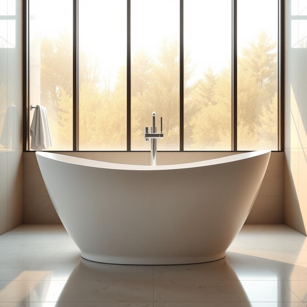 A freestanding bathtub standing tall, its elegant, curved lines reflecting the soft, golden light streaming in through large windows. The tub is situated in the middle of a luxurious, well-appointed bathroom, with sleek, minimalist tiles lining the walls and floor. The room exudes an aura of tranquility and indulgence, inviting the viewer to imagine sinking into the warm, soothing waters and letting the stresses of the day melt away. The tub is the centerpiece, a true statement piece that defines the space, commanding attention and evoking a sense of sophisticated, yet relaxed, living. A freestanding bathtub standing tall, its elegant, curved lines reflecting the soft, golden light streaming in through large windows. The tub is situated in the middle of a luxurious, well-appointed bathroom, with sleek, minimalist tiles lining the walls and floor. The room exudes an aura of tranquility and indulgence, inviting the viewer to imagine sinking into the warm, soothing waters and letting the stresses of the day melt away. The tub is the centerpiece, a true statement piece that defines the space, commanding attention and evoking a sense of sophisticated, yet relaxed, living.