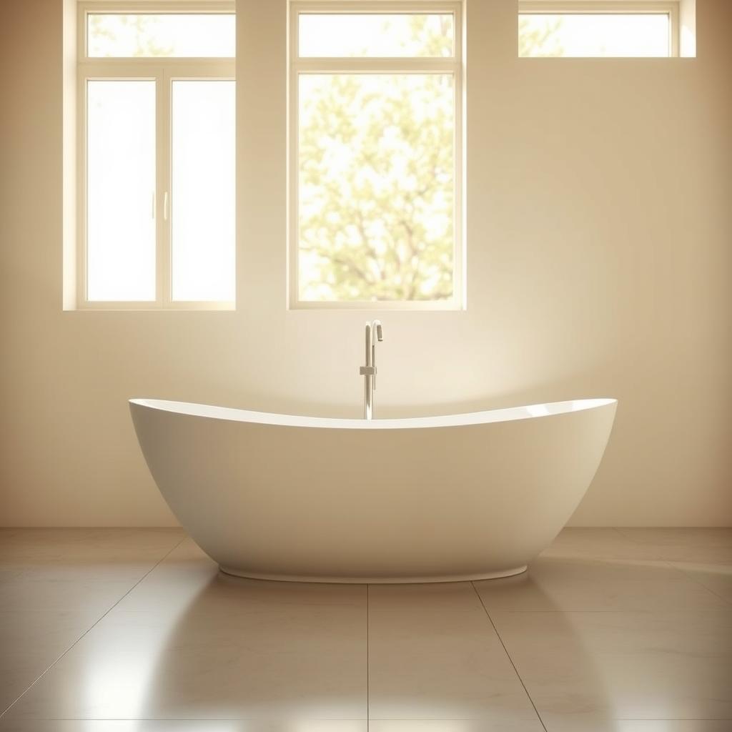 A luxurious freestanding bathtub set against a minimalist backdrop, bathed in warm, diffused lighting from large windows. The tub's sculptural, organic form takes center stage, its smooth curves and polished surface reflecting the light beautifully. The foreground is clear, allowing the tub to be the focal point, while the middle ground features simple, clean-lined tile or stone flooring and walls, creating a serene, spa-like ambiance. The background subtly blends into a soft, neutral palette, gently framing the tub and emphasizing its elegant presence as the centerpiece of the room's flexible, open layout. A luxurious freestanding bathtub set against a minimalist backdrop, bathed in warm, diffused lighting from large windows. The tub's sculptural, organic form takes center stage, its smooth curves and polished surface reflecting the light beautifully. The foreground is clear, allowing the tub to be the focal point, while the middle ground features simple, clean-lined tile or stone flooring and walls, creating a serene, spa-like ambiance. The background subtly blends into a soft, neutral palette, gently framing the tub and emphasizing its elegant presence as the centerpiece of the room's flexible, open layout.