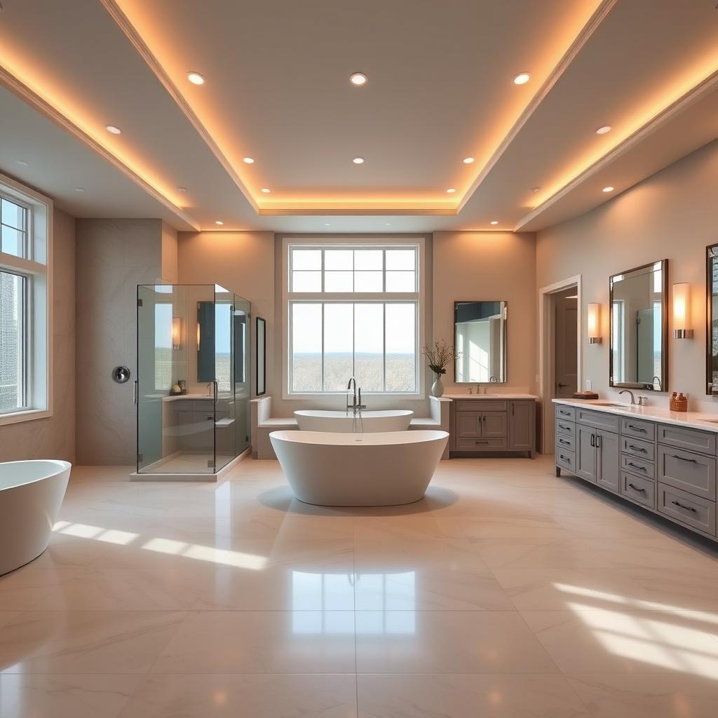 A luxurious master bathroom layout with a spacious, open-concept design. The focal point is a freestanding bathtub positioned in the center, surrounded by a large, walk-in shower with a glass enclosure. The vanity area features dual sinks, ample countertop space, and sleek, modern cabinetry. Warm, recessed lighting casts a soft glow, complemented by natural light streaming in through large windows. The floor is covered in elegant, neutral-toned tiles, and the walls are adorned with timeless, minimalist decor. The overall atmosphere exudes a sense of tranquility and spa-like indulgence. A luxurious master bathroom layout with a spacious, open-concept design. The focal point is a freestanding bathtub positioned in the center, surrounded by a large, walk-in shower with a glass enclosure. The vanity area features dual sinks, ample countertop space, and sleek, modern cabinetry. Warm, recessed lighting casts a soft glow, complemented by natural light streaming in through large windows. The floor is covered in elegant, neutral-toned tiles, and the walls are adorned with timeless, minimalist decor. The overall atmosphere exudes a sense of tranquility and spa-like indulgence.