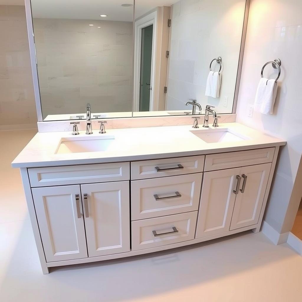 A luxurious master bathroom vanity with a sleek, modern design. The vanity features a smooth, white marble countertop that reflects the warm, ambient lighting from above. Polished chrome faucets and hardware accent the clean lines, while the recessed cabinet doors and drawers provide ample storage space. The vanity is positioned against a backdrop of light, neutral tiles that create a calming, spa-like atmosphere. The entire scene is captured through a wide-angle lens, highlighting the elegant proportions and attention to detail that define this stunning master bath vanity. A luxurious master bathroom vanity with a sleek, modern design. The vanity features a smooth, white marble countertop that reflects the warm, ambient lighting from above. Polished chrome faucets and hardware accent the clean lines, while the recessed cabinet doors and drawers provide ample storage space. The vanity is positioned against a backdrop of light, neutral tiles that create a calming, spa-like atmosphere. The entire scene is captured through a wide-angle lens, highlighting the elegant proportions and attention to detail that define this stunning master bath vanity.