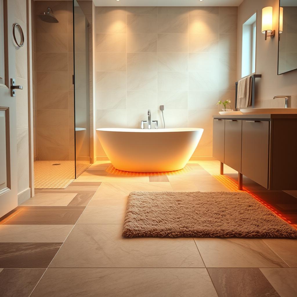 A luxurious master bathroom with a heated floor system, illuminated by soft, warm lighting. The floor tiles are a mix of natural stone and sleek porcelain, radiating a cozy, inviting glow. The room is bathed in a gentle, ambient light, creating a serene and relaxing atmosphere. The heated floor provides a comforting, soothing sensation underfoot, elevating the everyday experience of stepping out of the shower or tub. A plush, high-quality bath mat completes the scene, adding a touch of texture and comfort. The overall design exudes a sense of everyday luxury and thoughtful, smart home upgrades for maximum comfort. A luxurious master bathroom with a heated floor system, illuminated by soft, warm lighting. The floor tiles are a mix of natural stone and sleek porcelain, radiating a cozy, inviting glow. The room is bathed in a gentle, ambient light, creating a serene and relaxing atmosphere. The heated floor provides a comforting, soothing sensation underfoot, elevating the everyday experience of stepping out of the shower or tub. A plush, high-quality bath mat completes the scene, adding a touch of texture and comfort. The overall design exudes a sense of everyday luxury and thoughtful, smart home upgrades for maximum comfort.