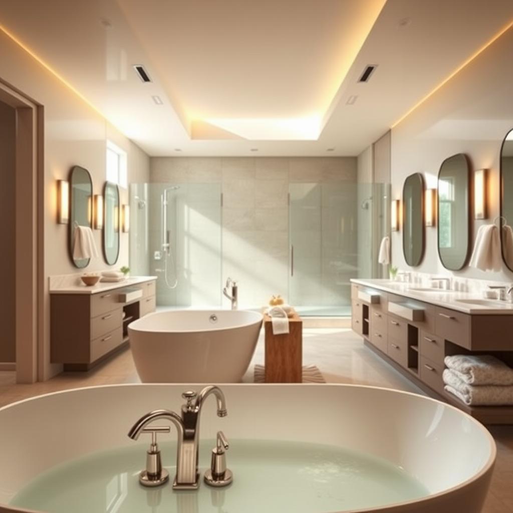 A luxurious master bathroom with a modern, spa-like ambiance. In the foreground, a freestanding bathtub with elegant fixtures gleams under the warm, soft lighting. The middle ground features a spacious vanity with a sleek, minimalist design and high-end countertops. In the background, a large, frameless glass shower enclosure allows natural light to flood the space, creating a serene and relaxing atmosphere. Subtle textural elements, such as natural stone tiles and plush towels, add depth and visual interest. The overall design showcases a harmonious blend of functionality, style, and contemporary flair. A luxurious master bathroom with a modern, spa-like ambiance. In the foreground, a freestanding bathtub with elegant fixtures gleams under the warm, soft lighting. The middle ground features a spacious vanity with a sleek, minimalist design and high-end countertops. In the background, a large, frameless glass shower enclosure allows natural light to flood the space, creating a serene and relaxing atmosphere. Subtle textural elements, such as natural stone tiles and plush towels, add depth and visual interest. The overall design showcases a harmonious blend of functionality, style, and contemporary flair.