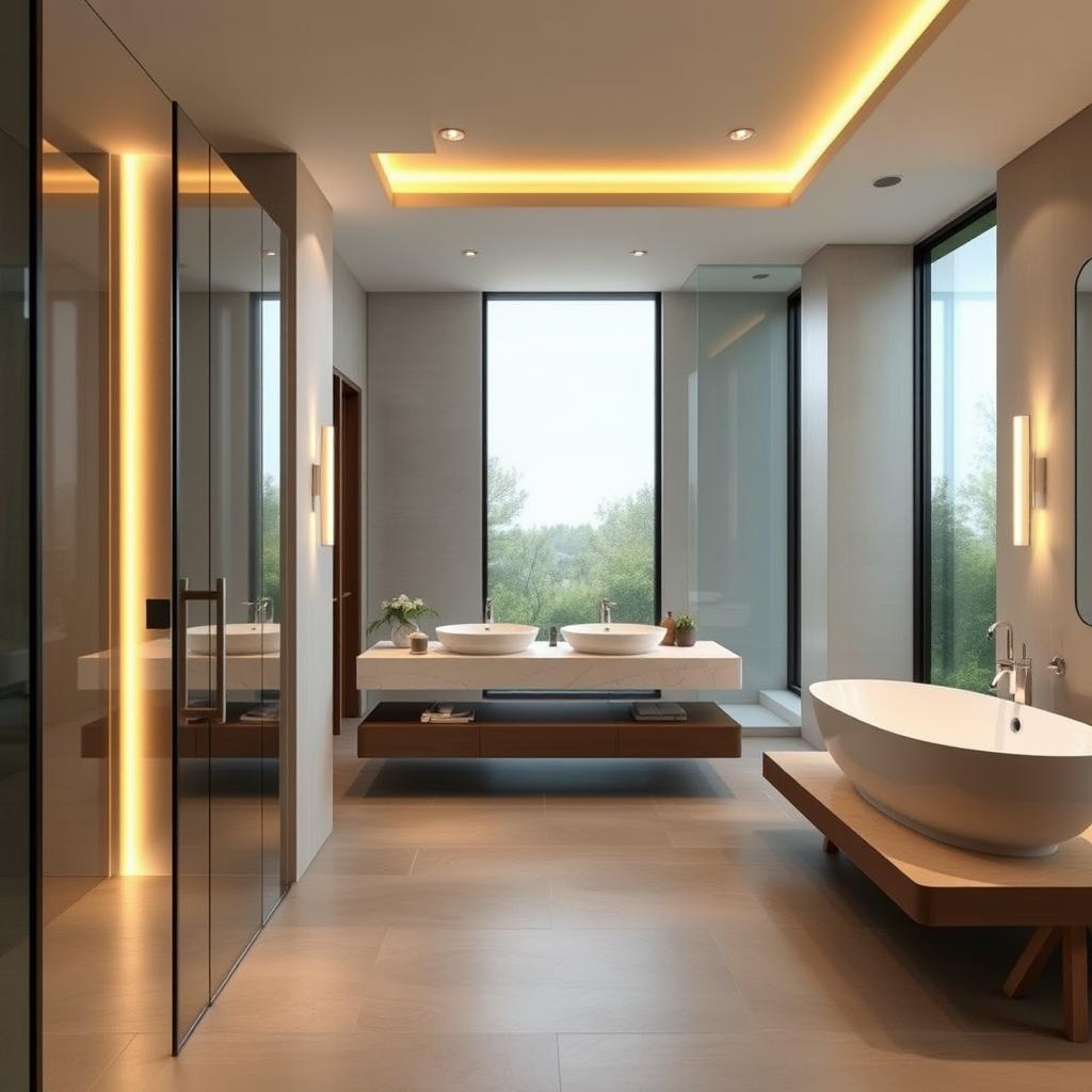 A modern and well-appointed bathroom design with a spacious, airy feel. A large, frameless glass shower enclosure dominates the foreground, its sleek and minimalist lines accentuated by warm, indirect lighting. The middle ground features a floating vanity with a marble countertop and integrated sinks, flanked by elegant wall sconces that cast a soft, inviting glow. In the background, a freestanding bathtub sits beneath a large window, allowing natural light to flood the space and creating a serene, spa-like atmosphere. The color palette is a harmonious blend of neutral tones, with accents of brushed metal and natural wood elements that add depth and sophistication to the design. A modern and well-appointed bathroom design with a spacious, airy feel. A large, frameless glass shower enclosure dominates the foreground, its sleek and minimalist lines accentuated by warm, indirect lighting. The middle ground features a floating vanity with a marble countertop and integrated sinks, flanked by elegant wall sconces that cast a soft, inviting glow. In the background, a freestanding bathtub sits beneath a large window, allowing natural light to flood the space and creating a serene, spa-like atmosphere. The color palette is a harmonious blend of neutral tones, with accents of brushed metal and natural wood elements that add depth and sophistication to the design.