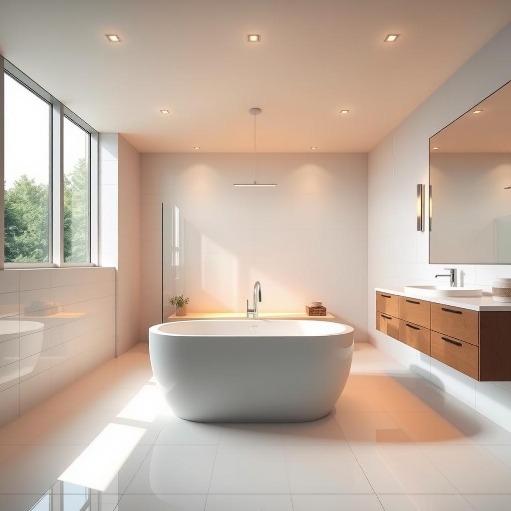 A modern bathroom interior with a sleek and stylish tub installation. The tub is positioned in the center of the frame, surrounded by pristine white tiles and minimalist fixtures. Warm, diffused lighting from above and natural light streaming in from large windows create a soothing, spa-like atmosphere. The tub is flanked by a pair of floating vanities with modern hardware, and a large mirror reflects the scene, enhancing the sense of depth and openness. The overall aesthetic is clean, contemporary, and inviting, showcasing a professional tub installation that seamlessly integrates form and function. A modern bathroom interior with a sleek and stylish tub installation. The tub is positioned in the center of the frame, surrounded by pristine white tiles and minimalist fixtures. Warm, diffused lighting from above and natural light streaming in from large windows create a soothing, spa-like atmosphere. The tub is flanked by a pair of floating vanities with modern hardware, and a large mirror reflects the scene, enhancing the sense of depth and openness. The overall aesthetic is clean, contemporary, and inviting, showcasing a professional tub installation that seamlessly integrates form and function.