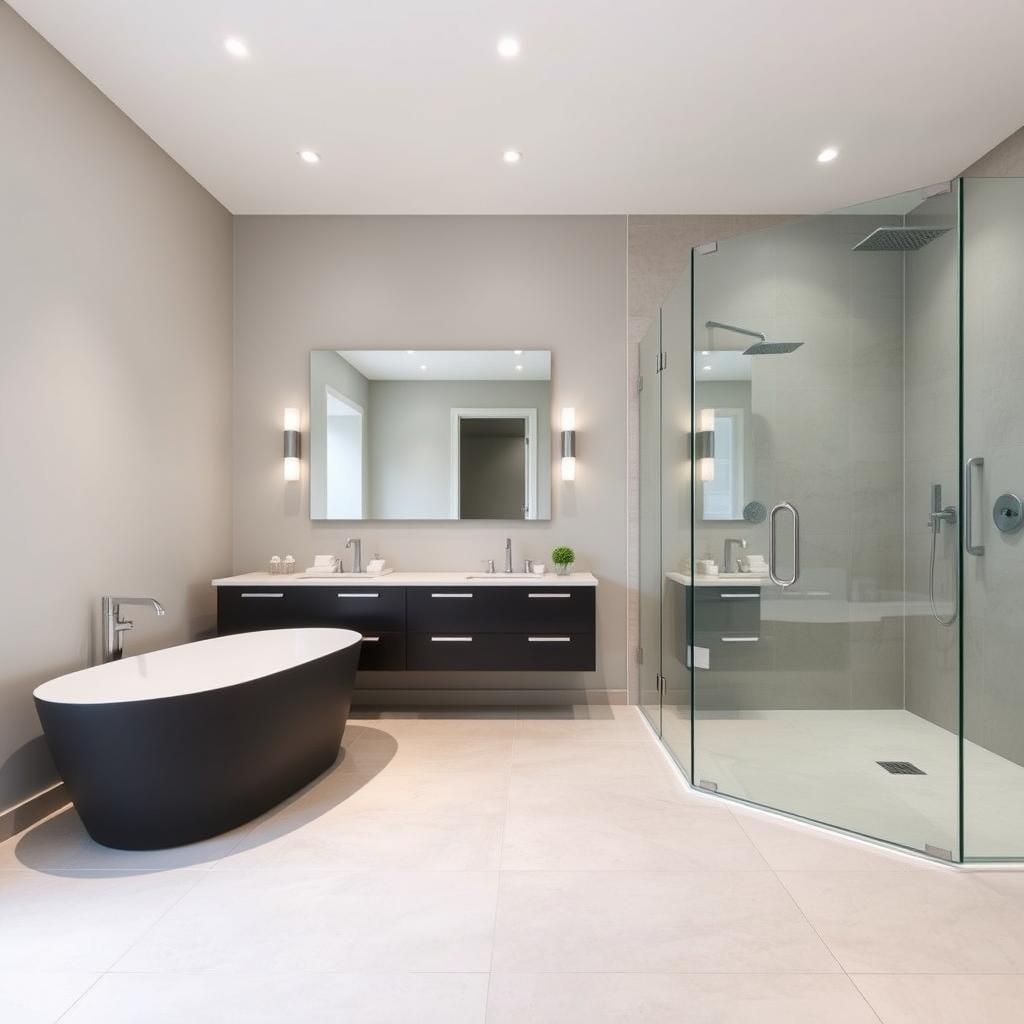 A modern bathroom remodel with a sleek, minimalist design. In the foreground, a freestanding bathtub with clean lines and a matte black finish rests on a light-colored tile floor. The middle ground showcases a wall-mounted vanity with a large, rectangular mirror above it, complemented by modern faucets and hardware in a brushed nickel finish. In the background, a large, frameless glass shower enclosure with a rainfall showerhead creates a spa-like ambiance. Soft, indirect lighting from recessed ceiling fixtures and sconces on the vanity adds a warm, inviting glow to the space. The overall atmosphere is one of understated elegance and functionality, reflecting a high-end, "remodel type" bathroom design. A modern bathroom remodel with a sleek, minimalist design. In the foreground, a freestanding bathtub with clean lines and a matte black finish rests on a light-colored tile floor. The middle ground showcases a wall-mounted vanity with a large, rectangular mirror above it, complemented by modern faucets and hardware in a brushed nickel finish. In the background, a large, frameless glass shower enclosure with a rainfall showerhead creates a spa-like ambiance. Soft, indirect lighting from recessed ceiling fixtures and sconces on the vanity adds a warm, inviting glow to the space. The overall atmosphere is one of understated elegance and functionality, reflecting a high-end, "remodel type" bathroom design.