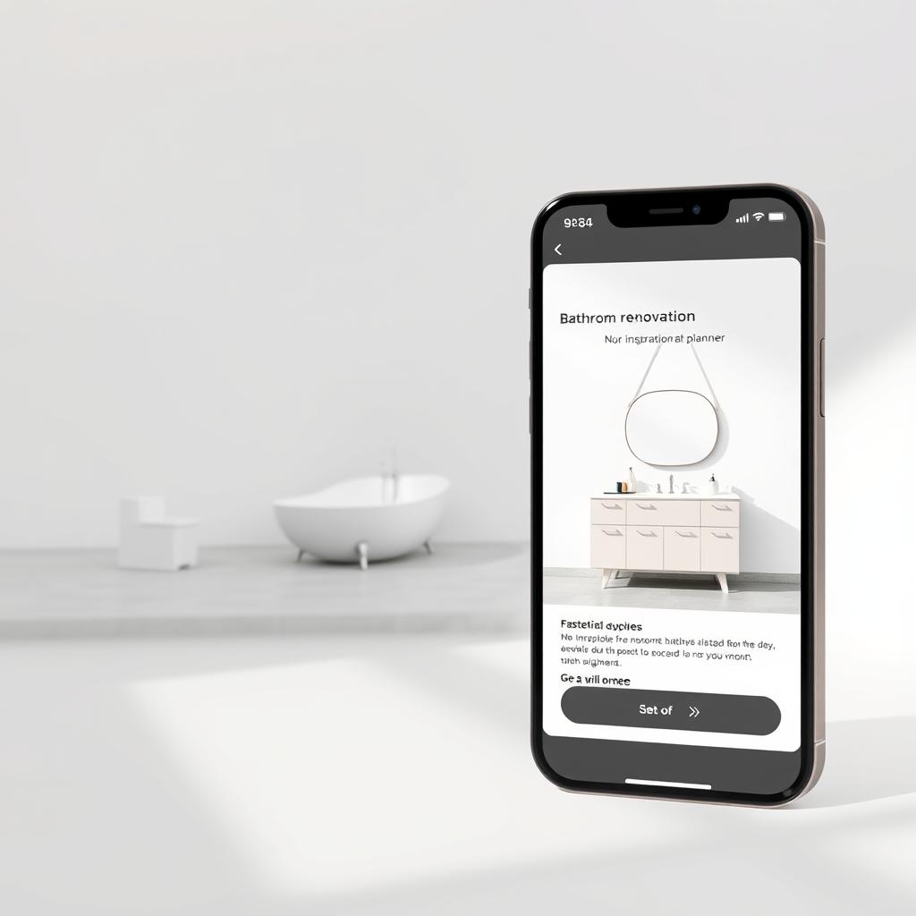 A modern, minimalist mobile app design interface showcasing a sleek, user-friendly bathroom renovation planner. The app features a clean, elegant layout with a focus on inspirational imagery and intuitive design tools. The foreground displays a smartphone mockup with a tiled bathroom scene, while the middle ground depicts a 3D model of a freestanding bathtub and vanity set. The background is a soft, neutral gradient, creating a serene, aspirational atmosphere. The lighting is natural and diffused, highlighting the app's seamless, responsive design. The camera angle is slightly elevated, conveying a sense of sophistication and attention to detail. A modern, minimalist mobile app design interface showcasing a sleek, user-friendly bathroom renovation planner. The app features a clean, elegant layout with a focus on inspirational imagery and intuitive design tools. The foreground displays a smartphone mockup with a tiled bathroom scene, while the middle ground depicts a 3D model of a freestanding bathtub and vanity set. The background is a soft, neutral gradient, creating a serene, aspirational atmosphere. The lighting is natural and diffused, highlighting the app's seamless, responsive design. The camera angle is slightly elevated, conveying a sense of sophistication and attention to detail.