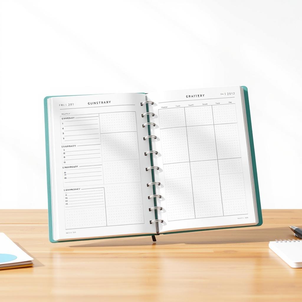 A modern, minimalist planner with a clean, uncluttered layout. The planner is set against a bright, airy background, with ample white space and natural lighting. The pages feature a simple grid design, with sections for daily tasks, weekly schedules, and monthly overviews. The planner is rendered in a soft, muted color palette, with accents of soft blues or greens to create a sense of tranquility and focus. The planner is positioned on a wooden desk or table, with a few simple office supplies nearby, suggesting a workspace that is organized and conducive to productivity. The overall impression is one of a well-planned, stress-free approach to budgeting and project management. A modern, minimalist planner with a clean, uncluttered layout. The planner is set against a bright, airy background, with ample white space and natural lighting. The pages feature a simple grid design, with sections for daily tasks, weekly schedules, and monthly overviews. The planner is rendered in a soft, muted color palette, with accents of soft blues or greens to create a sense of tranquility and focus. The planner is positioned on a wooden desk or table, with a few simple office supplies nearby, suggesting a workspace that is organized and conducive to productivity. The overall impression is one of a well-planned, stress-free approach to budgeting and project management.