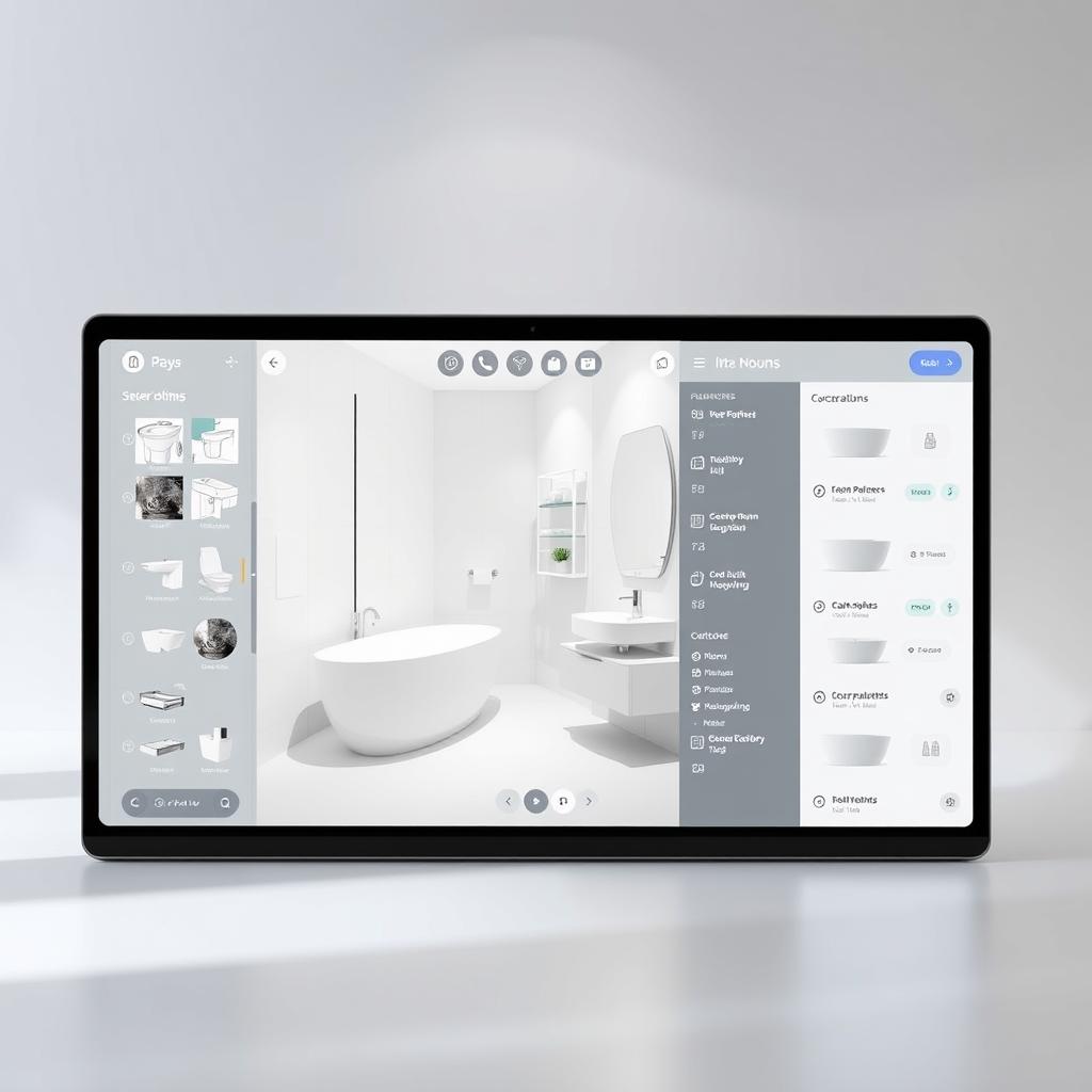 A modern, well-lit online bathroom planning interface. In the foreground, a sleek and intuitive 3D visualization of a bathroom layout, with customizable fixtures and fittings. In the middle ground, a sidebar offering a range of design options and tools, such as room measurements, color palettes, and product recommendations. The background showcases a clean, minimalist user interface, with subtle gradients and soft shadows, creating a sense of depth and professionalism. The overall atmosphere is one of streamlined efficiency and design-forward aesthetic, reflecting the needs of the discerning bathroom planner. A modern, well-lit online bathroom planning interface. In the foreground, a sleek and intuitive 3D visualization of a bathroom layout, with customizable fixtures and fittings. In the middle ground, a sidebar offering a range of design options and tools, such as room measurements, color palettes, and product recommendations. The background showcases a clean, minimalist user interface, with subtle gradients and soft shadows, creating a sense of depth and professionalism. The overall atmosphere is one of streamlined efficiency and design-forward aesthetic, reflecting the needs of the discerning bathroom planner.