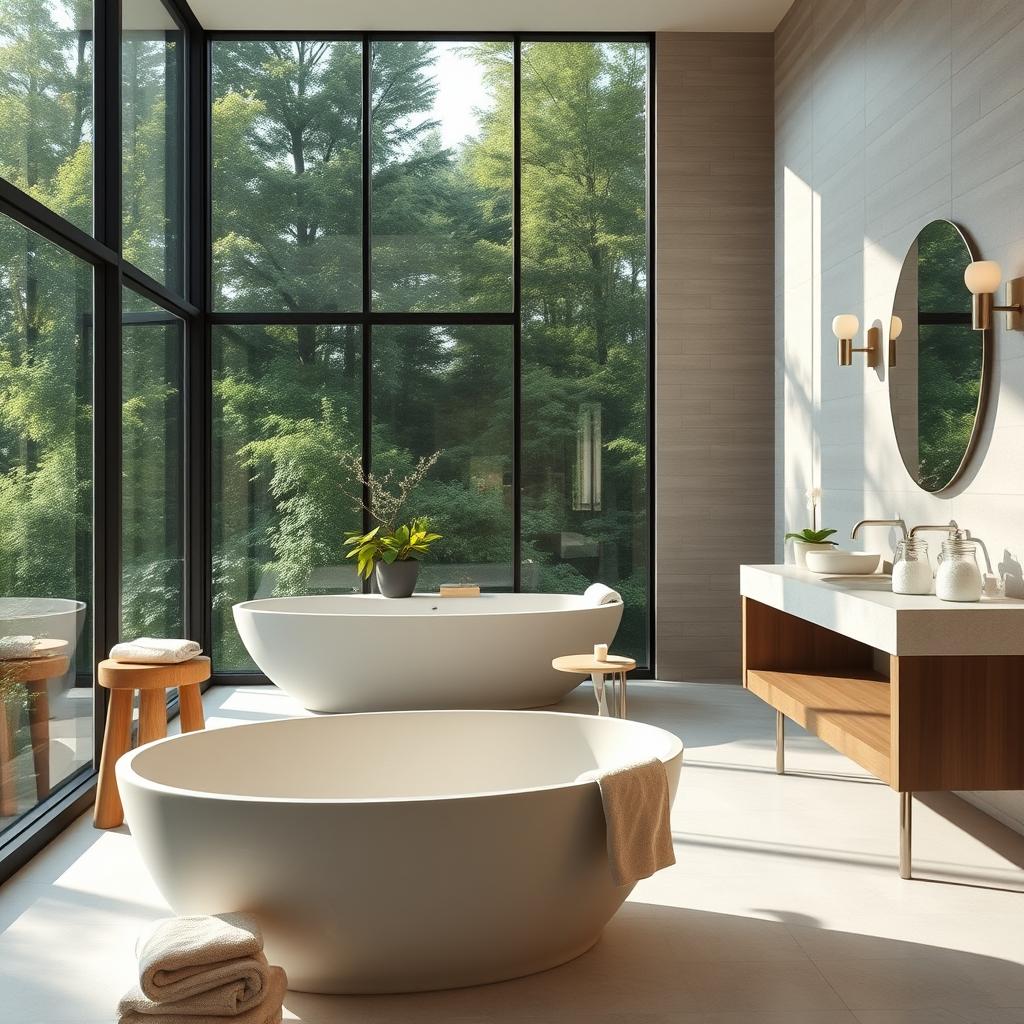 A serene and tranquil spa-like bathroom, flooded with natural light from large windows overlooking lush greenery. The foreground features a freestanding bathtub made of smooth, light-colored stone, surrounded by plush towels and a wooden stool. The middle ground showcases a vanity with a minimalist design, its surface adorned with potted plants and glass jars filled with soothing bath salts. In the background, a stone or tile wall texture creates a calming ambiance, complemented by the soft glow of wall sconces. The overall atmosphere evokes a sense of relaxation and rejuvenation, with a focus on natural elements, muted colors, and clean lines. A serene and tranquil spa-like bathroom, flooded with natural light from large windows overlooking lush greenery. The foreground features a freestanding bathtub made of smooth, light-colored stone, surrounded by plush towels and a wooden stool. The middle ground showcases a vanity with a minimalist design, its surface adorned with potted plants and glass jars filled with soothing bath salts. In the background, a stone or tile wall texture creates a calming ambiance, complemented by the soft glow of wall sconces. The overall atmosphere evokes a sense of relaxation and rejuvenation, with a focus on natural elements, muted colors, and clean lines.
