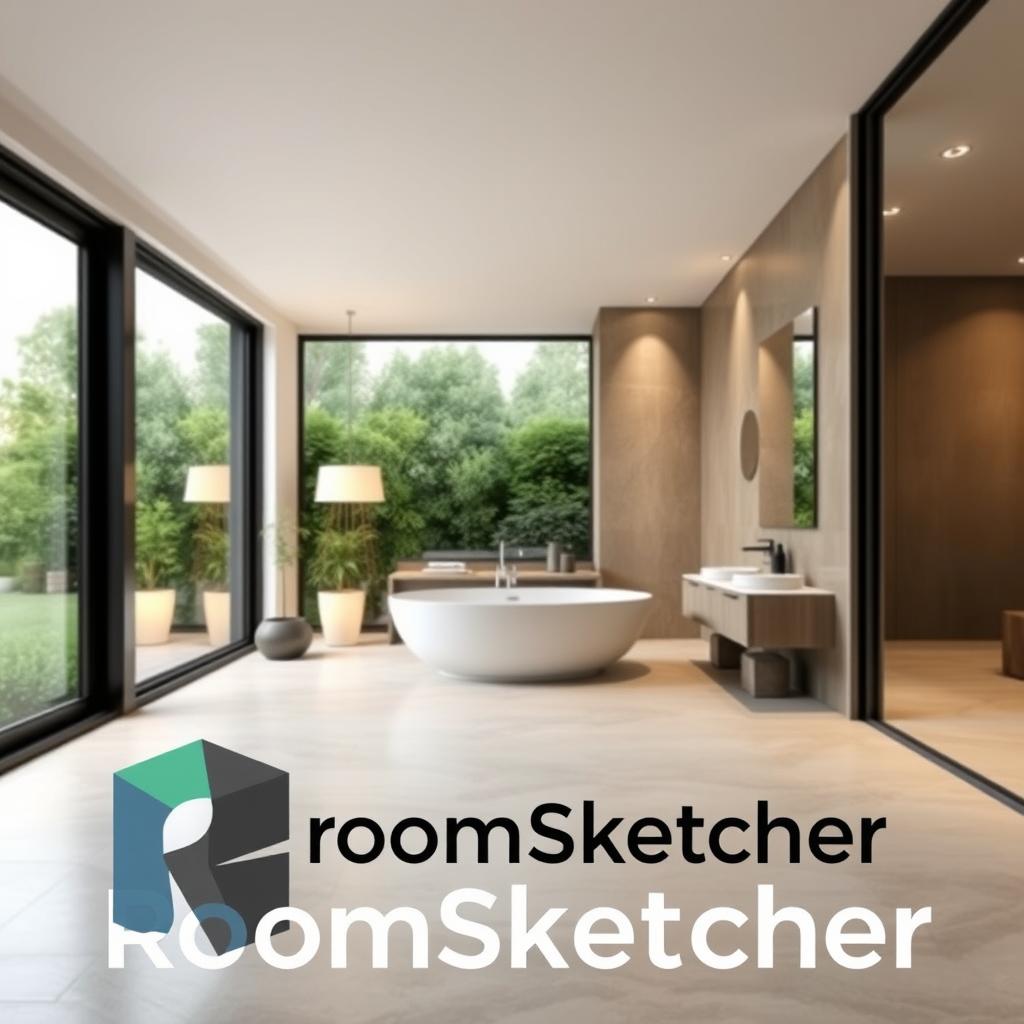 A sleek, modern interior with a large window overlooking a lush garden. In the foreground, a high-quality 3D rendering of the RoomSketcher logo and interface, showcasing its intuitive design tools and deep library of furnishings and materials. The middle ground features a well-appointed bathroom with clean lines, natural stone surfaces, and a freestanding bathtub. Soft, warm lighting from floor lamps and recessed fixtures creates a tranquil atmosphere. The background displays a serene outdoor scene, blending seamlessly with the interior. The overall scene conveys the power and user-friendliness of the RoomSketcher application for modern bathroom design. A sleek, modern interior with a large window overlooking a lush garden. In the foreground, a high-quality 3D rendering of the RoomSketcher logo and interface, showcasing its intuitive design tools and deep library of furnishings and materials. The middle ground features a well-appointed bathroom with clean lines, natural stone surfaces, and a freestanding bathtub. Soft, warm lighting from floor lamps and recessed fixtures creates a tranquil atmosphere. The background displays a serene outdoor scene, blending seamlessly with the interior. The overall scene conveys the power and user-friendliness of the RoomSketcher application for modern bathroom design.