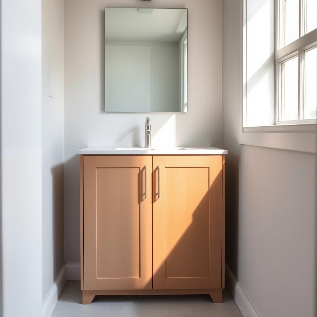 A small, well-lit bathroom with a sleek, modern vanity cabinet in a muted, earthy tone. The cabinet's surface reflects the warm glow of the natural light streaming in from a nearby window. The cabinet doors have a subtle, satin-like finish, hinting at a premium material. The overall atmosphere is calming and inviting, creating a sense of spa-like serenity. The lighting is soft and diffused, casting gentle shadows that add depth and dimension to the scene. The cabinet is the focal point, drawing the eye and accentuating its elegant design and color choice. A small, well-lit bathroom with a sleek, modern vanity cabinet in a muted, earthy tone. The cabinet's surface reflects the warm glow of the natural light streaming in from a nearby window. The cabinet doors have a subtle, satin-like finish, hinting at a premium material. The overall atmosphere is calming and inviting, creating a sense of spa-like serenity. The lighting is soft and diffused, casting gentle shadows that add depth and dimension to the scene. The cabinet is the focal point, drawing the eye and accentuating its elegant design and color choice.
