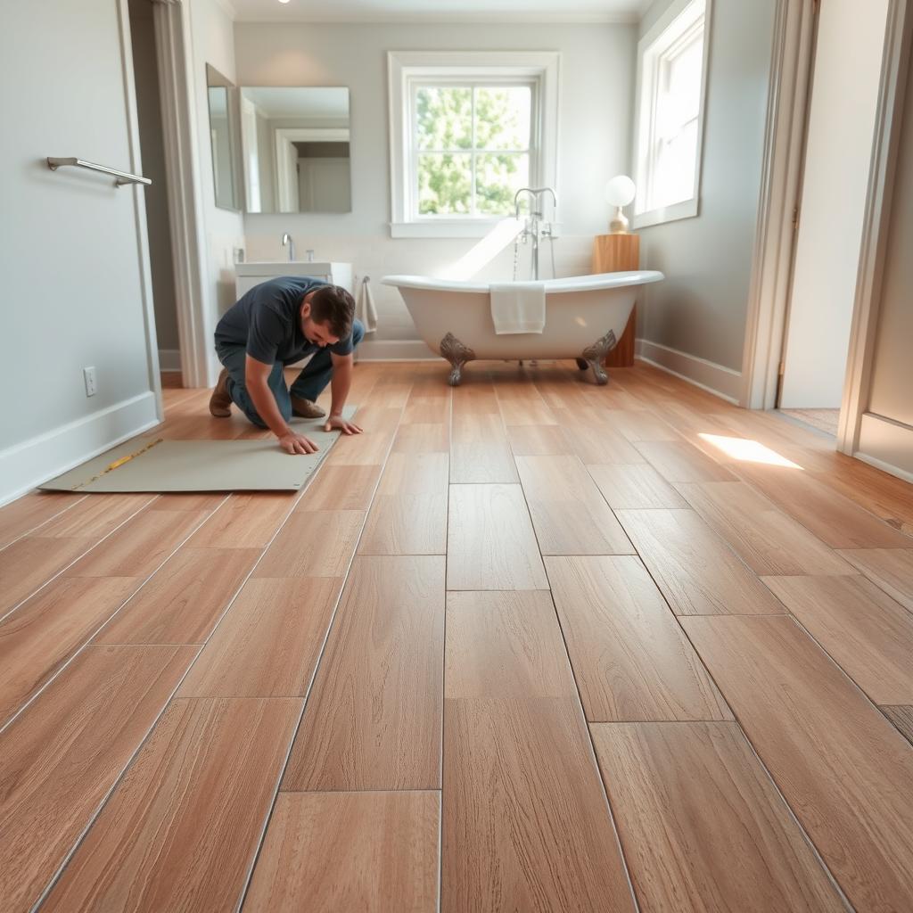 A spacious bathroom interior with a focus on tile installation. In the foreground, a skilled worker carefully lays down a pattern of sleek, rectangular tiles in a warm, earthy tone. The tiles are precisely aligned, creating a harmonious and visually appealing surface. The middle ground showcases the partially completed tiling, revealing the process of grouting and smoothing the tiles for a seamless finish. In the background, the rest of the bathroom is visible, with clean, minimalist fixtures and a large, clawfoot bathtub, hinting at the overall renovation project. The scene is illuminated by a combination of natural light streaming through a window and strategically placed, soft lighting, creating a well-lit and inviting atmosphere. A spacious bathroom interior with a focus on tile installation. In the foreground, a skilled worker carefully lays down a pattern of sleek, rectangular tiles in a warm, earthy tone. The tiles are precisely aligned, creating a harmonious and visually appealing surface. The middle ground showcases the partially completed tiling, revealing the process of grouting and smoothing the tiles for a seamless finish. In the background, the rest of the bathroom is visible, with clean, minimalist fixtures and a large, clawfoot bathtub, hinting at the overall renovation project. The scene is illuminated by a combination of natural light streaming through a window and strategically placed, soft lighting, creating a well-lit and inviting atmosphere.