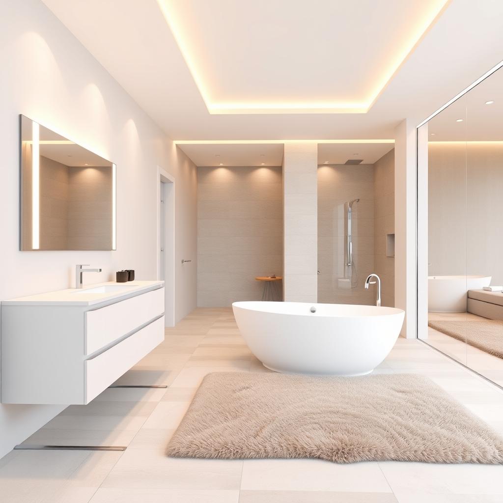 A spacious, modern bathroom with a seamless transition from a detailed 2D floor plan to a fully rendered 3D scene. The foreground showcases a sleek vanity unit with a minimalist sink, elegant fixtures, and a large, backlit mirror. The middle ground features a freestanding bathtub positioned against a tiled wall, creating a luxurious focal point. The background reveals the room's layout, including a walk-in shower and a plush, oversized rug. Warm, diffused lighting emanates from recessed ceiling fixtures, casting a soft, inviting glow throughout the space. The scene conveys a sense of sophistication and practicality, reflecting the workflow from initial floor plan to the final 3D visualization. A spacious, modern bathroom with a seamless transition from a detailed 2D floor plan to a fully rendered 3D scene. The foreground showcases a sleek vanity unit with a minimalist sink, elegant fixtures, and a large, backlit mirror. The middle ground features a freestanding bathtub positioned against a tiled wall, creating a luxurious focal point. The background reveals the room's layout, including a walk-in shower and a plush, oversized rug. Warm, diffused lighting emanates from recessed ceiling fixtures, casting a soft, inviting glow throughout the space. The scene conveys a sense of sophistication and practicality, reflecting the workflow from initial floor plan to the final 3D visualization.