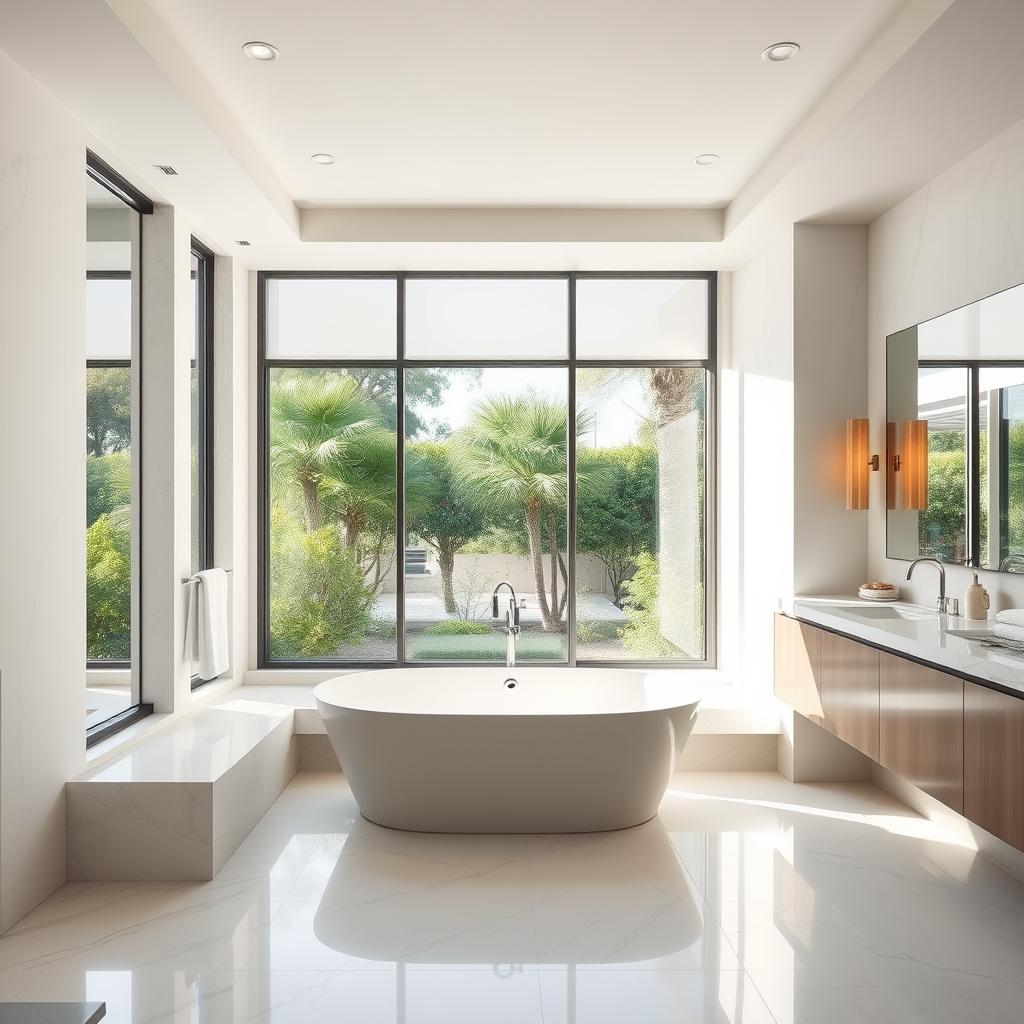 A sun-drenched, open-concept bathroom with a large, freestanding tub taking center stage. The tub is nestled in a sunken alcove with floor-to-ceiling windows offering breathtaking views of a lush, tranquil garden. Smooth, polished marble tiles in a soft, neutral palette cover the floors and walls, creating a serene and luxurious ambiance. Sleek, minimalist fixtures in brushed nickel complement the refined aesthetic. Soft, diffused lighting from recessed ceiling fixtures and a pair of mid-century modern wall sconces casts a warm, inviting glow. A wall-mounted vanity with a large, frameless mirror dominates one side of the room, flanked by built-in shelving for towels and toiletries. The space exudes a sense of calm, spa-like sophistication. A sun-drenched, open-concept bathroom with a large, freestanding tub taking center stage. The tub is nestled in a sunken alcove with floor-to-ceiling windows offering breathtaking views of a lush, tranquil garden. Smooth, polished marble tiles in a soft, neutral palette cover the floors and walls, creating a serene and luxurious ambiance. Sleek, minimalist fixtures in brushed nickel complement the refined aesthetic. Soft, diffused lighting from recessed ceiling fixtures and a pair of mid-century modern wall sconces casts a warm, inviting glow. A wall-mounted vanity with a large, frameless mirror dominates one side of the room, flanked by built-in shelving for towels and toiletries. The space exudes a sense of calm, spa-like sophistication.