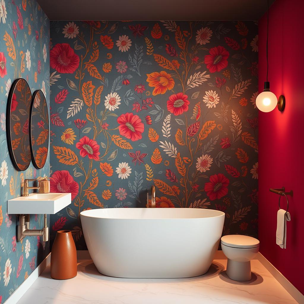 A vibrant, high-resolution bathroom scene with a focal point of a statement wallpaper in bold colors and whimsical patterns. The wallpaper should create a captivating visual interest, complemented by modern, minimalist fixtures and fittings in muted tones. Soft, diffused lighting casts a warm, inviting glow throughout the space, accentuating the textural elements. The composition should feature a balance of clean lines, organic shapes, and pops of color to evoke a sense of personality and sophistication. The overall mood should be one of contemporary elegance and design inspiration. A vibrant, high-resolution bathroom scene with a focal point of a statement wallpaper in bold colors and whimsical patterns. The wallpaper should create a captivating visual interest, complemented by modern, minimalist fixtures and fittings in muted tones. Soft, diffused lighting casts a warm, inviting glow throughout the space, accentuating the textural elements. The composition should feature a balance of clean lines, organic shapes, and pops of color to evoke a sense of personality and sophistication. The overall mood should be one of contemporary elegance and design inspiration.