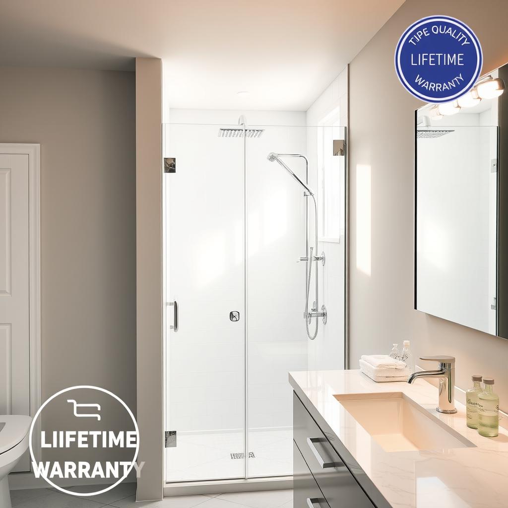A well-lit, modern bathroom interior with a sleek, frameless glass shower enclosure. The shower features gleaming chrome fixtures and a rainfall showerhead, surrounded by pristine white tiles. The vanity counter is made of durable, high-quality quartz, complemented by a large wall mirror that reflects the natural light streaming in through the window. The bathroom's overall aesthetic conveys a sense of luxury and durability, perfectly aligning with the "lifetime warranty" promise. A soft, warm lighting scheme and a minimalist color palette of whites, grays, and chrome create a spa-like ambiance, evoking a feeling of relaxation and peace of mind. A well-lit, modern bathroom interior with a sleek, frameless glass shower enclosure. The shower features gleaming chrome fixtures and a rainfall showerhead, surrounded by pristine white tiles. The vanity counter is made of durable, high-quality quartz, complemented by a large wall mirror that reflects the natural light streaming in through the window. The bathroom's overall aesthetic conveys a sense of luxury and durability, perfectly aligning with the "lifetime warranty" promise. A soft, warm lighting scheme and a minimalist color palette of whites, grays, and chrome create a spa-like ambiance, evoking a feeling of relaxation and peace of mind.