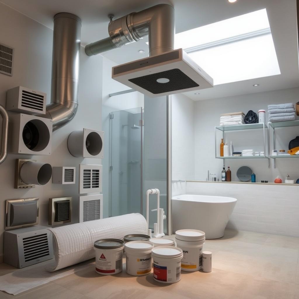 A well-lit, spacious bathroom with sleek, modern fixtures. In the foreground, an array of ventilation materials - ductwork, grilles, registers, and a powerful exhaust fan - stand ready to be installed, their polished metal surfaces reflecting the soft, indirect lighting. The middle ground showcases the room's waterproofing elements - a roll of vapor barrier, tubs of sealant, and waterproof tiles in a minimalist, neutral palette. In the background, shelves hold an assortment of plumbing supplies and tools, hinting at the careful attention to detail required for a successful bathroom renovation. The overall atmosphere conveys a sense of precision, functionality, and a commitment to creating a comfortable, well-ventilated space. A well-lit, spacious bathroom with sleek, modern fixtures. In the foreground, an array of ventilation materials - ductwork, grilles, registers, and a powerful exhaust fan - stand ready to be installed, their polished metal surfaces reflecting the soft, indirect lighting. The middle ground showcases the room's waterproofing elements - a roll of vapor barrier, tubs of sealant, and waterproof tiles in a minimalist, neutral palette. In the background, shelves hold an assortment of plumbing supplies and tools, hinting at the careful attention to detail required for a successful bathroom renovation. The overall atmosphere conveys a sense of precision, functionality, and a commitment to creating a comfortable, well-ventilated space.